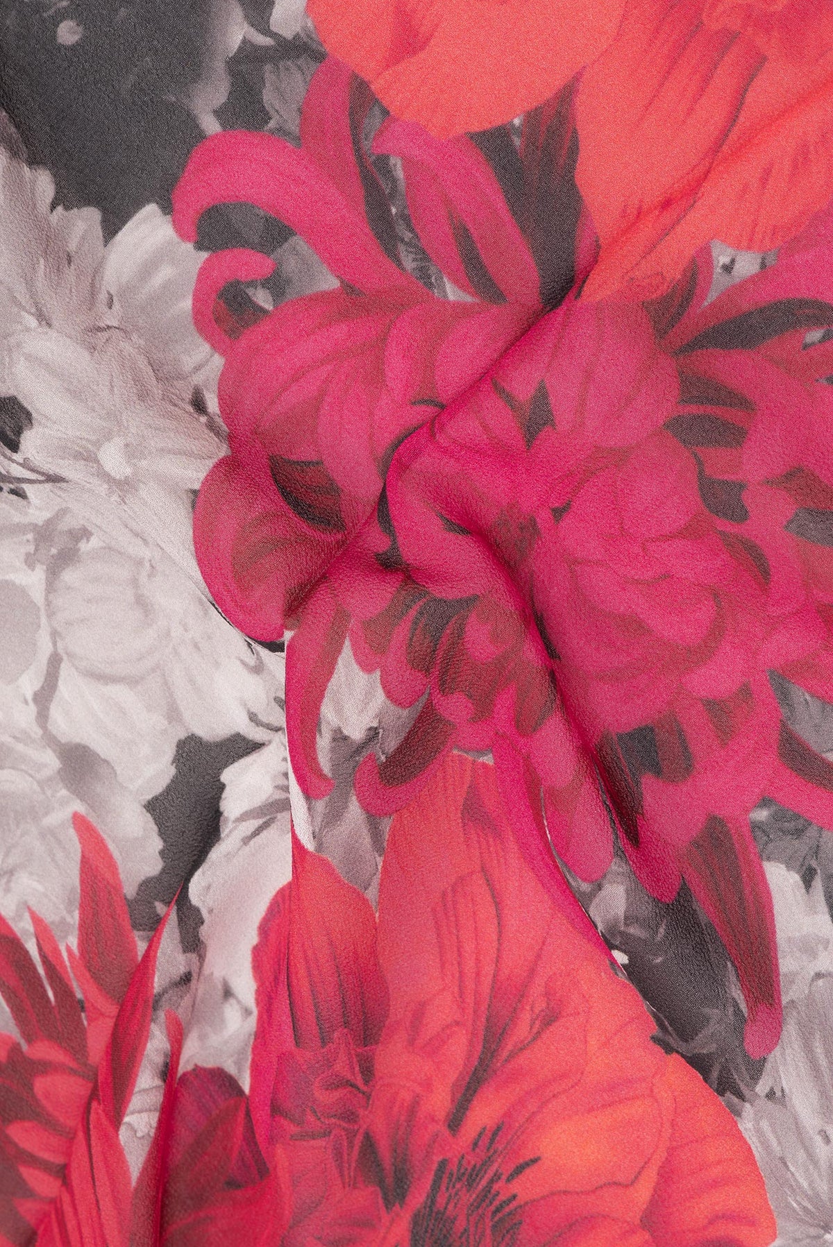 Close up of Multi Color Mysore Chiffon Saree with Floral Print on the body and Plain Border.  displaying folds
