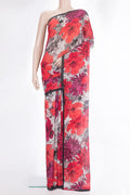 Multi Color Mysore Chiffon Saree with Floral Print on the body and Plain Border.  displayed on a mannequin