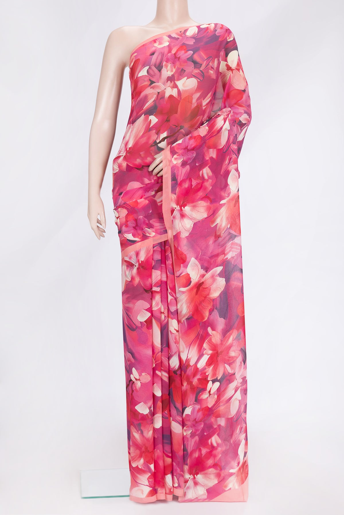 Pink Dual Tone Mysore Georgette Saree with Printed design on the body and Plain Border.  displayed on a mannequin