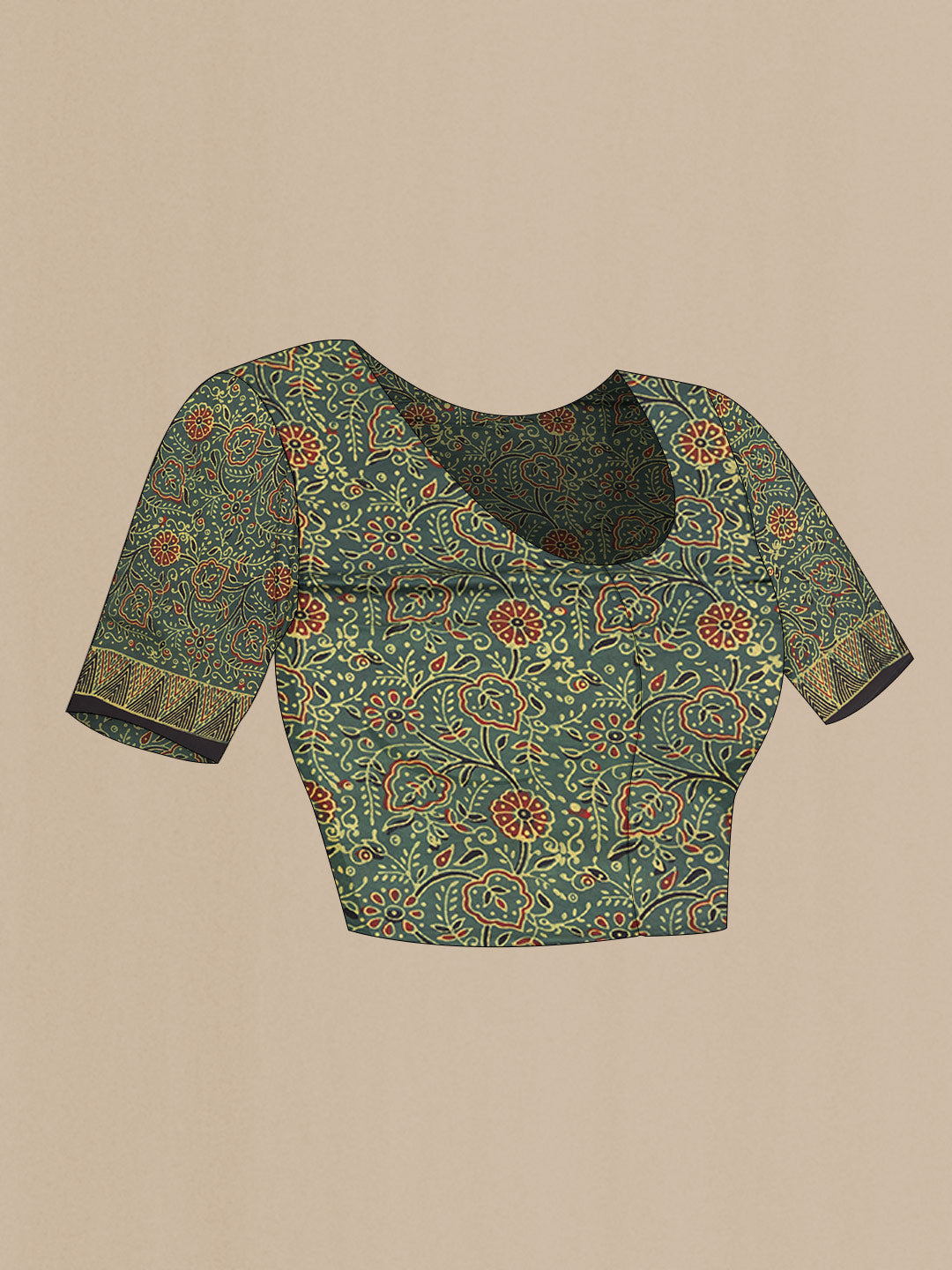 Close up image of the blouse of Green Dual Tone Satin Silk Saree with Printed design on the body and Printed Border
