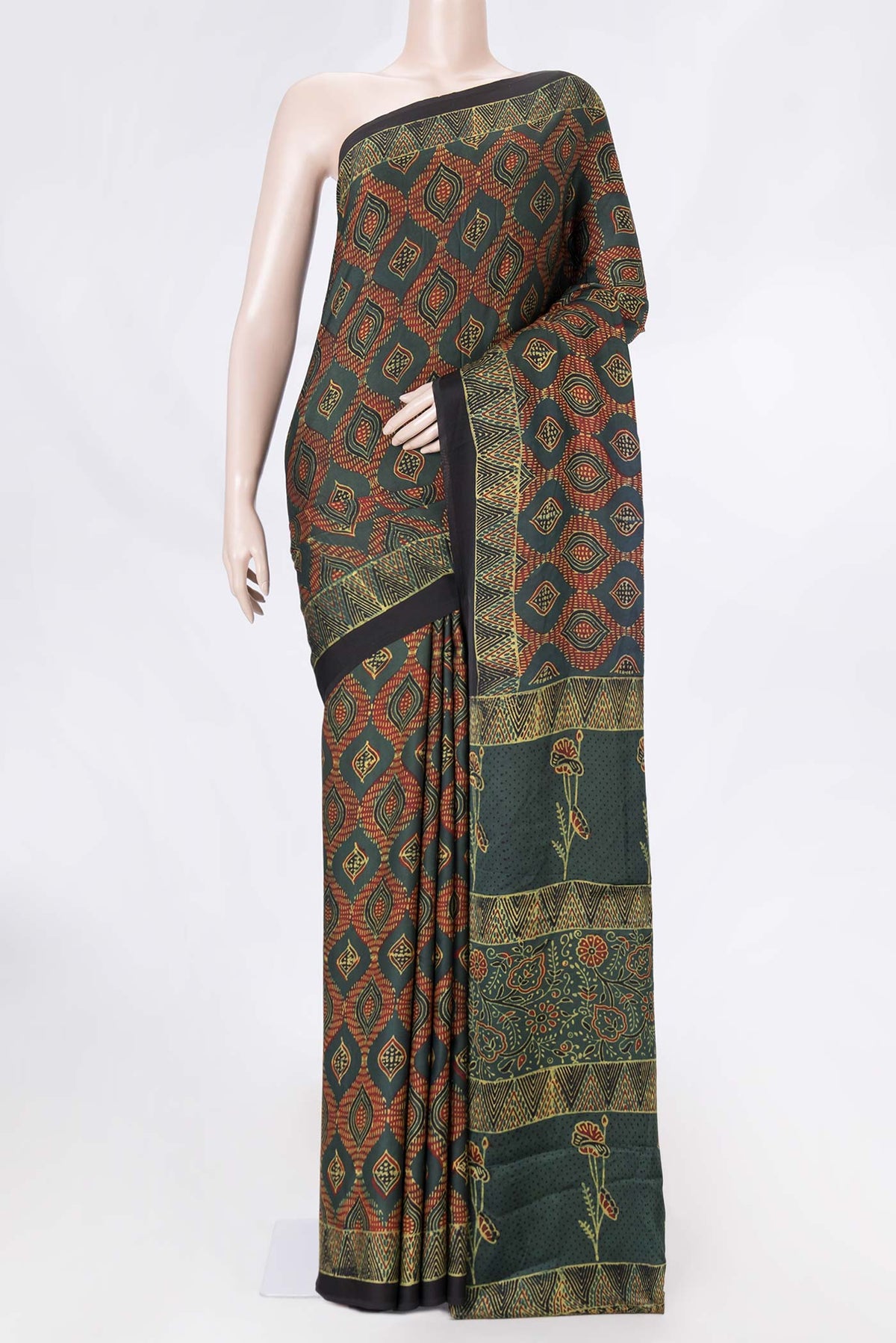 Green Dual Tone Satin Silk Saree with Printed design on the body and Printed Border displayed on a mannequin