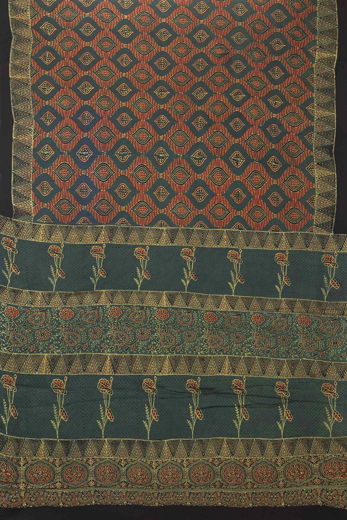 Flat view of Green Dual Tone Satin Silk Saree with Printed design on the body and Printed Border