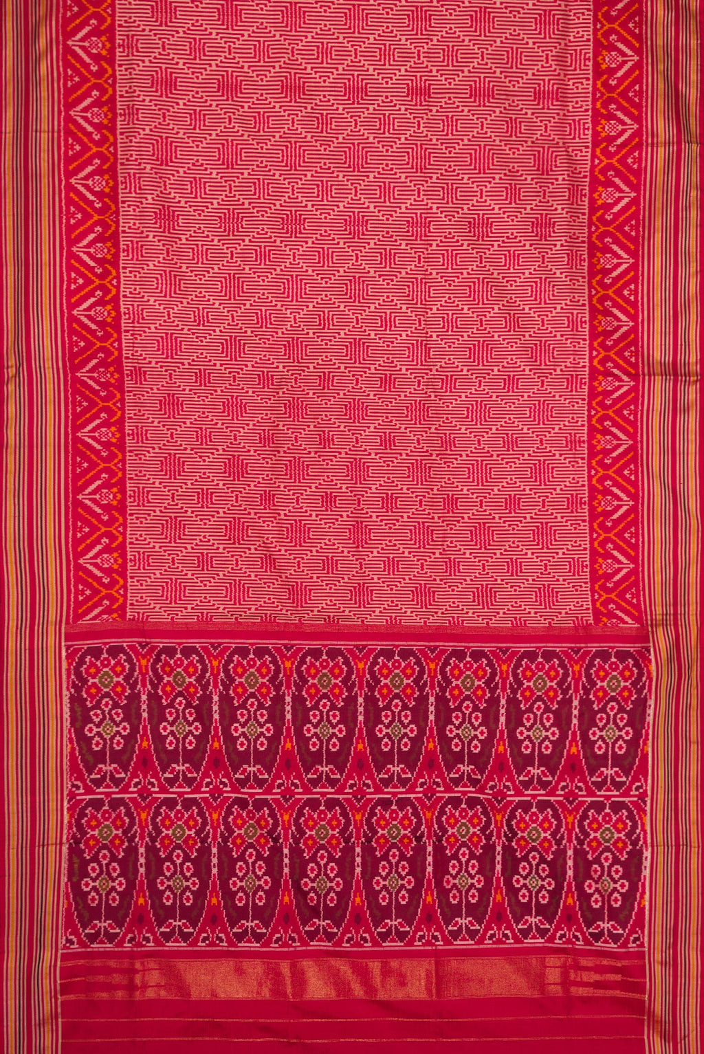 Flat view of Maroon Dual Tone Double Ikat Saree with Ikat Print on the body and Thread Border. 