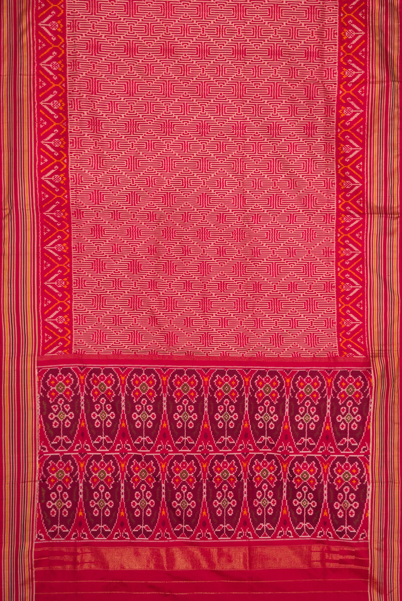 Flat view of Maroon Dual Tone Double Ikat Saree with Ikat Print on the body and Thread Border. 