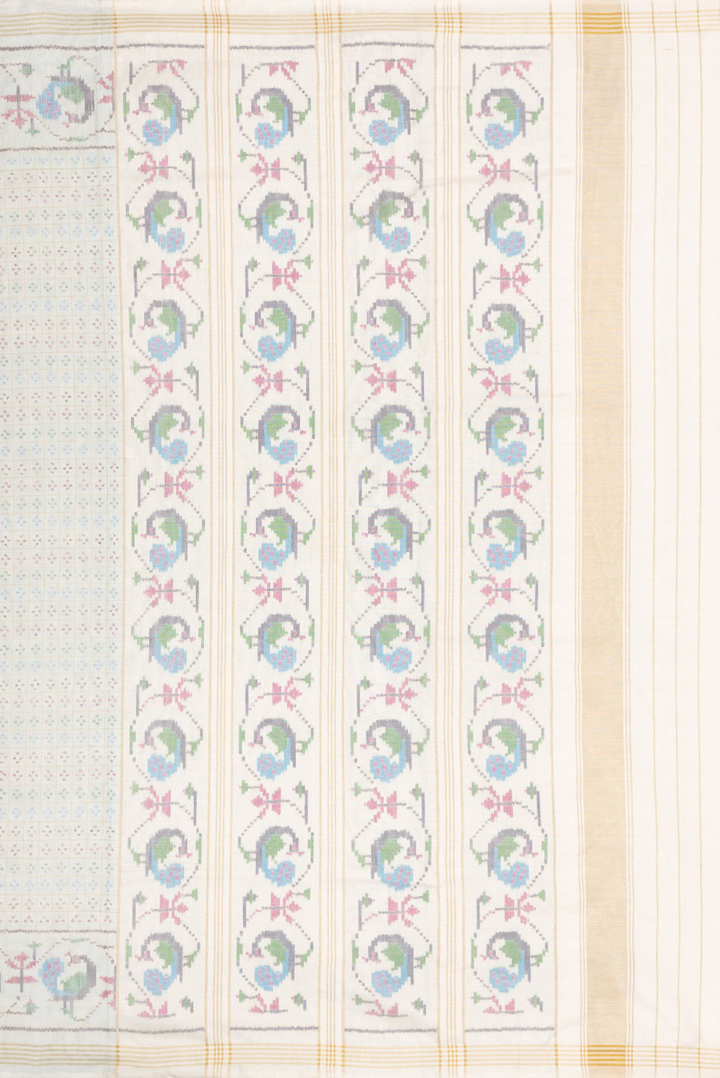 Close up image of the pallu of Light Blue Dual Tone Double Ikat Saree with Ikat Print on the body and Ikat Border. 