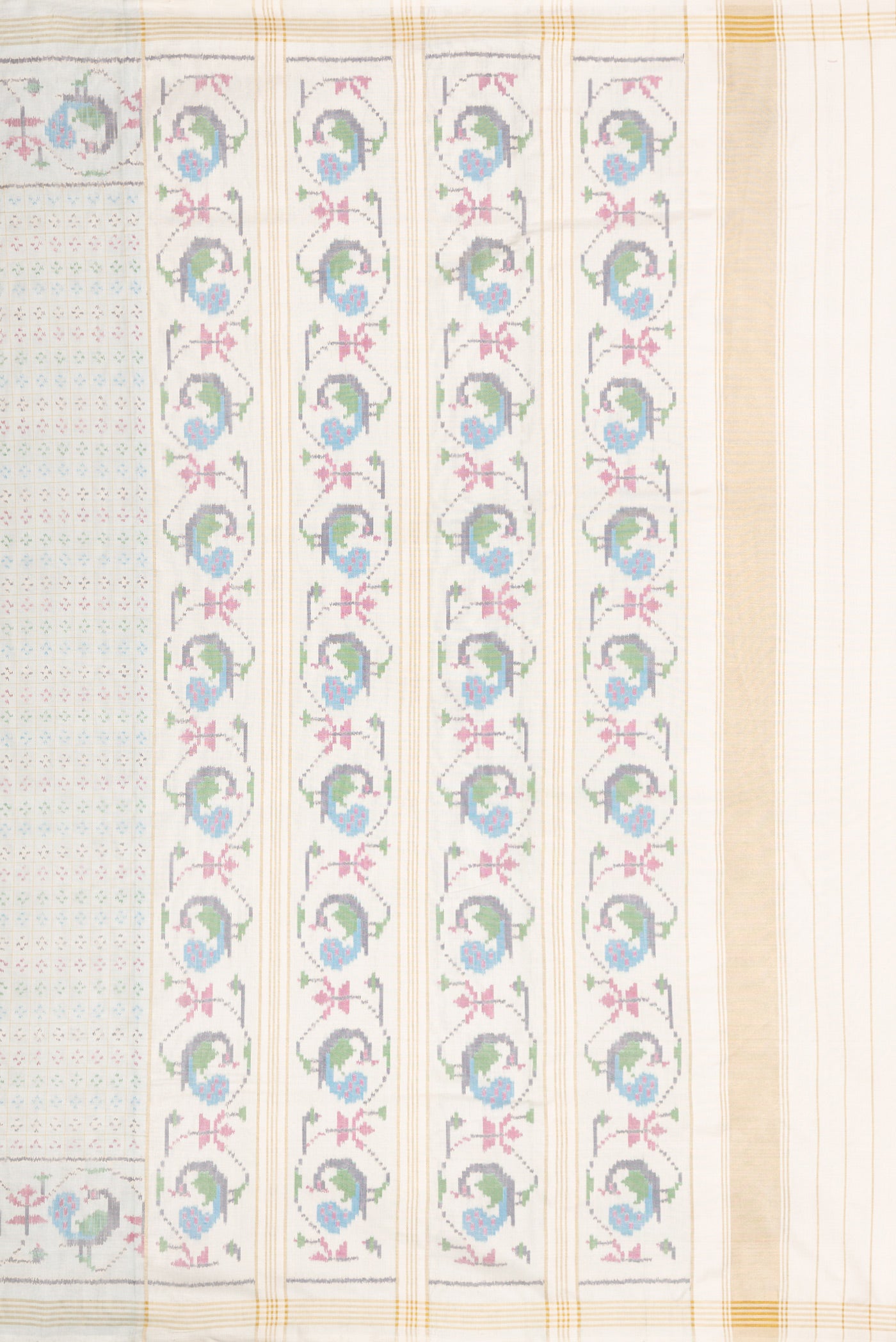 Close up image of the pallu of Light Blue Dual Tone Double Ikat Saree with Ikat Print on the body and Ikat Border. 