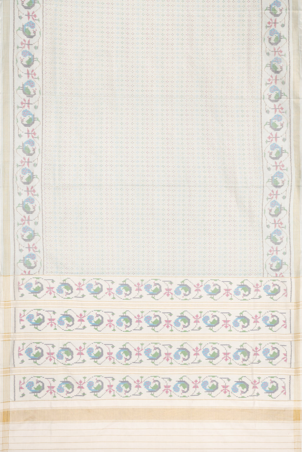 Flat view of Light Blue Dual Tone Double Ikat Saree with Ikat Print on the body and Ikat Border. 