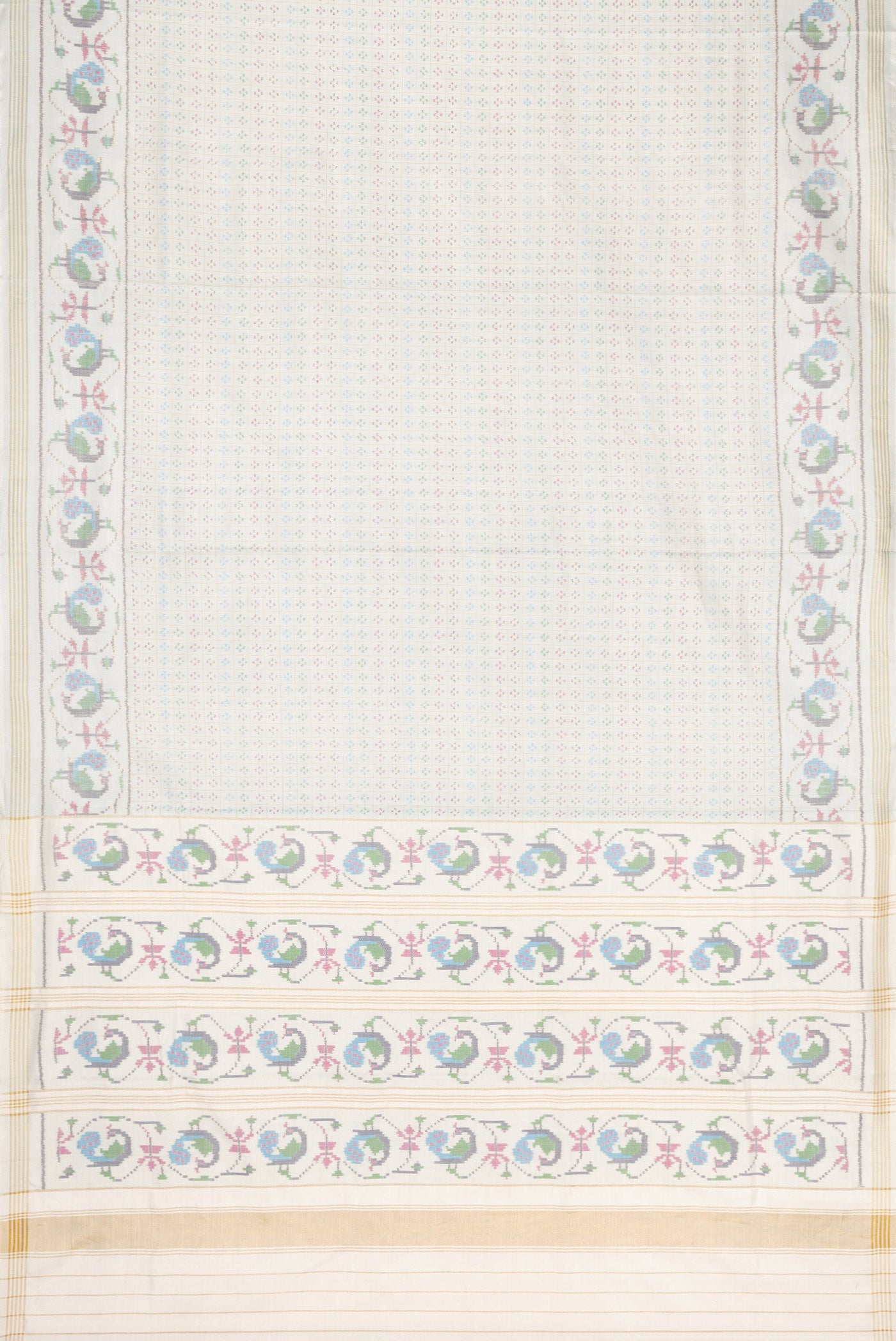 Flat view of Light Blue Dual Tone Double Ikat Saree with Ikat Print on the body and Ikat Border. 