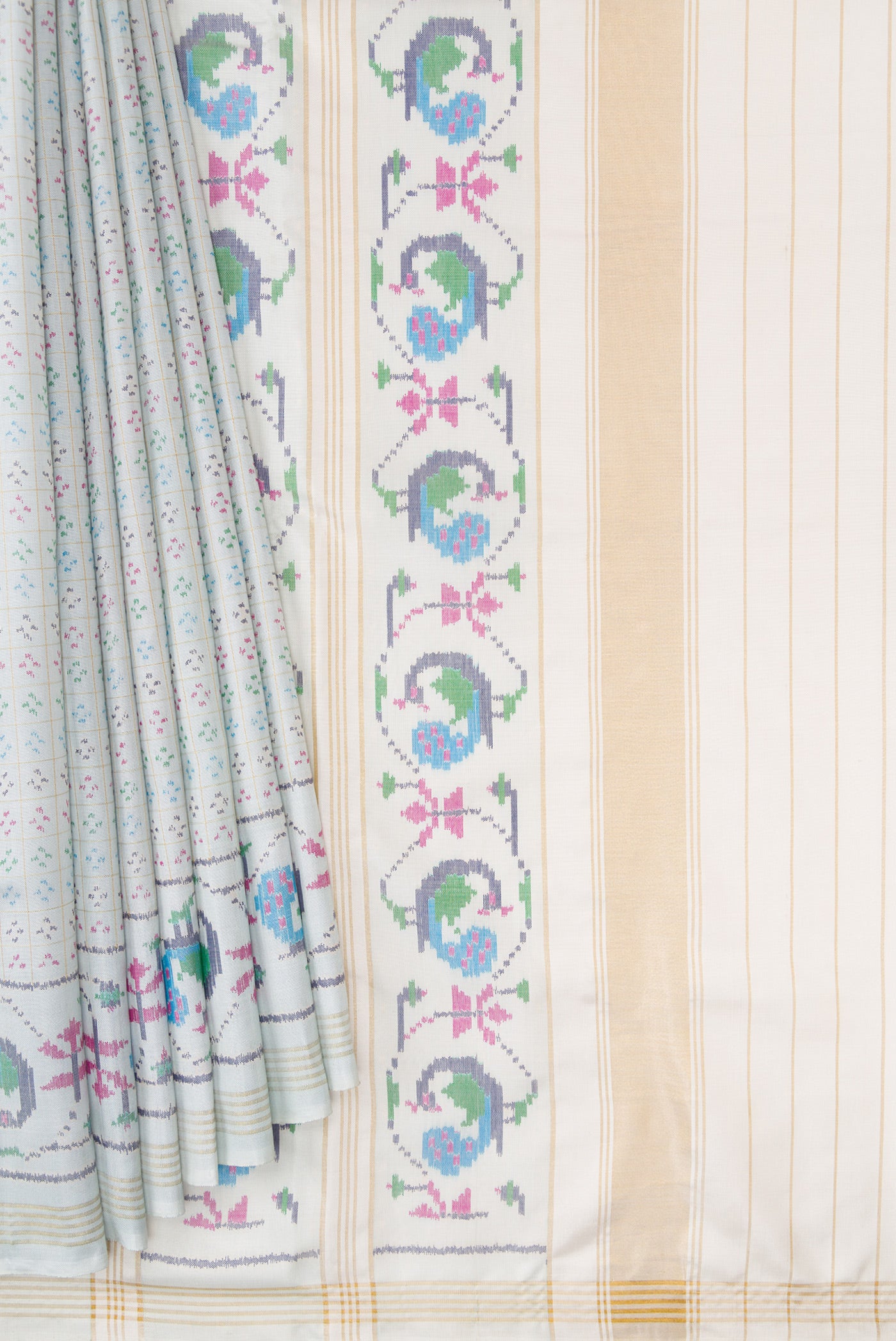 Pleats and pallu of Light Blue Dual Tone Double Ikat Saree with Ikat Print on the body and Ikat Border. 