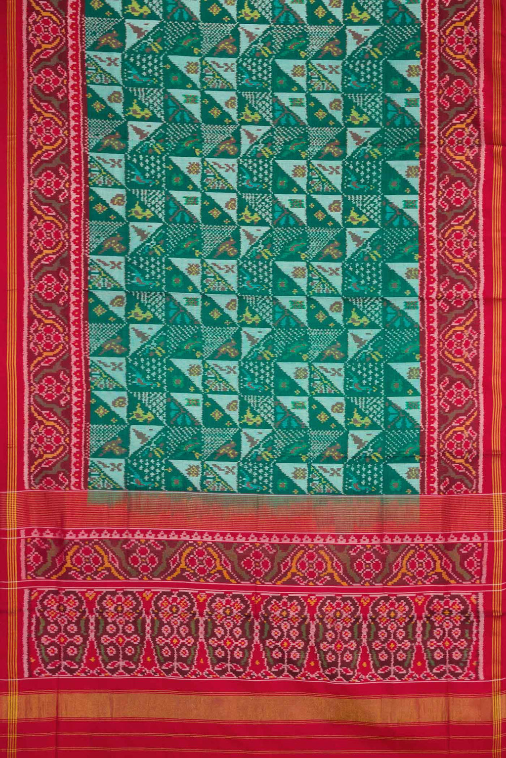 Flat view of Green Dual Tone Rajkot Patola Silk Saree with Ikat Print on the body and Ikat Border