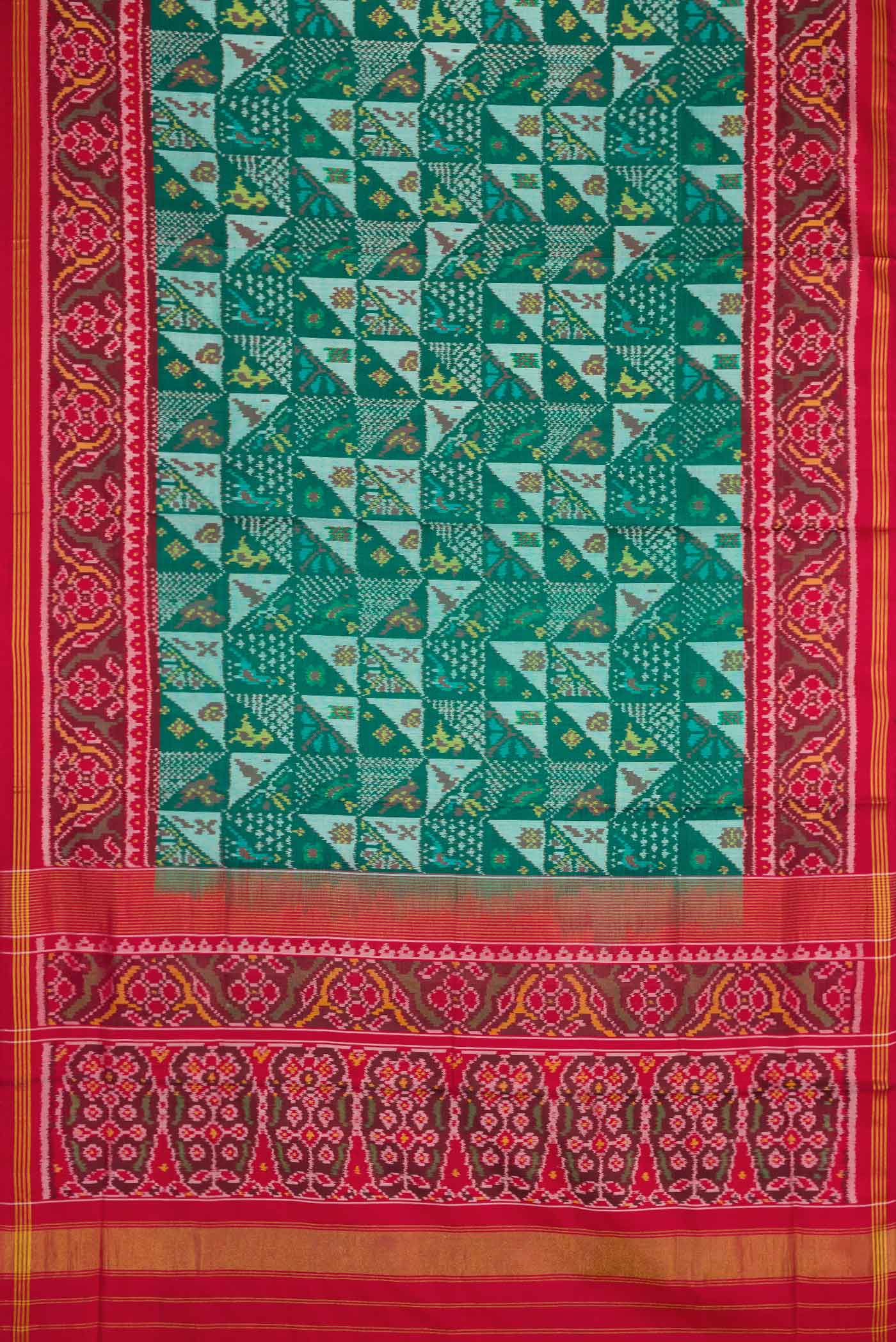 Flat view of Green Dual Tone Rajkot Patola Silk Saree with Ikat Print on the body and Ikat Border