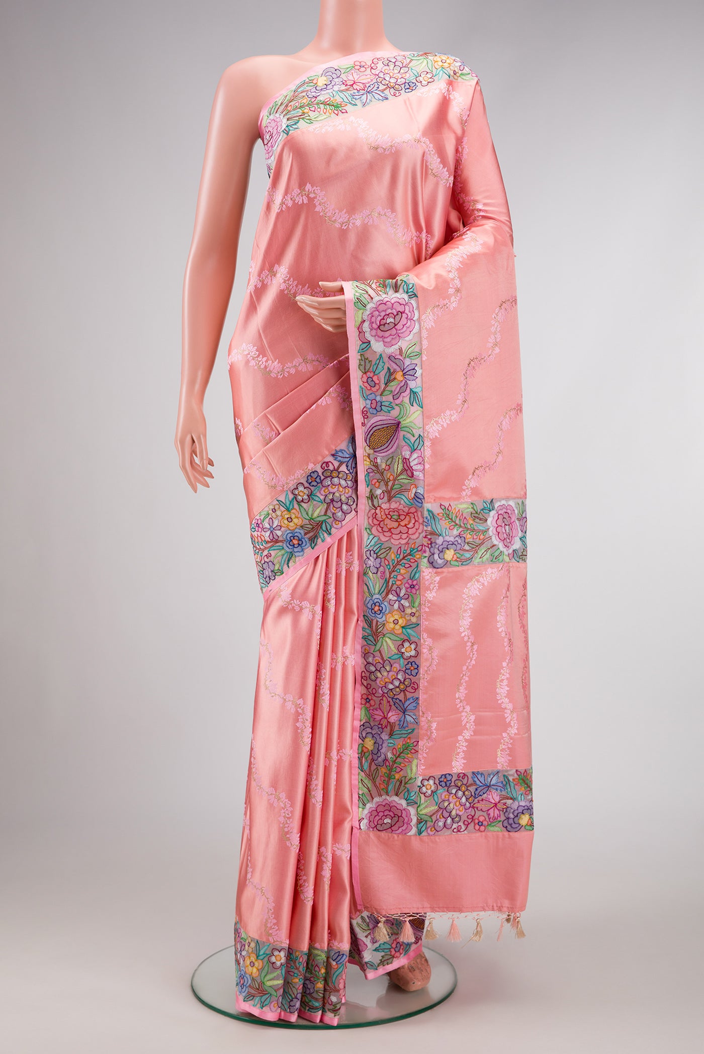 Pure Silk Pure Zari Pink Dual Tone Banarasi Saree with Embroidery on the body and Embroidery Border.  displayed on a mannequin