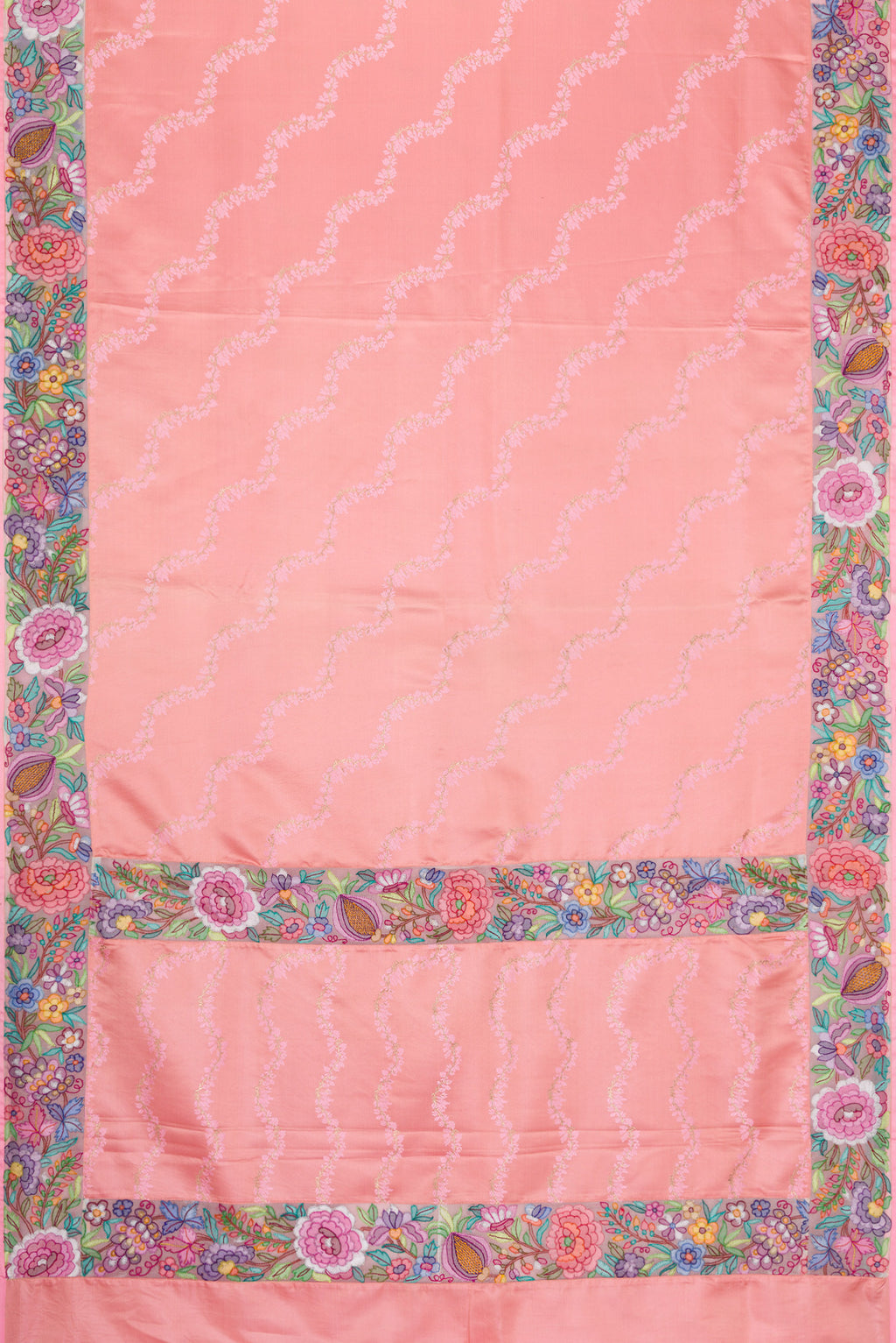 Flat view of Pure Silk Pure Zari Pink Dual Tone Banarasi Saree with Embroidery on the body and Embroidery Border. 