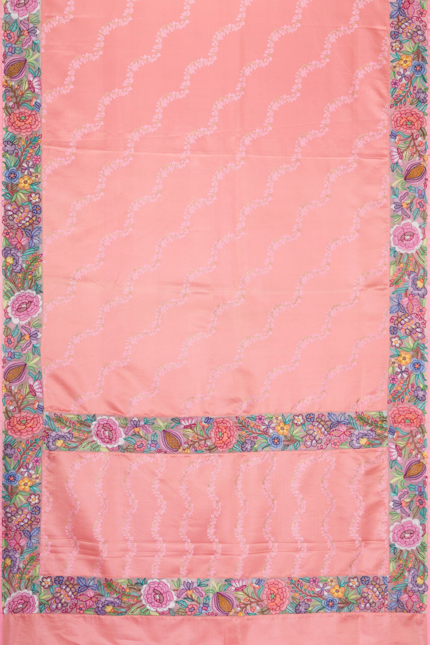 Flat view of Pure Silk Pure Zari Pink Dual Tone Banarasi Saree with Embroidery on the body and Embroidery Border. 