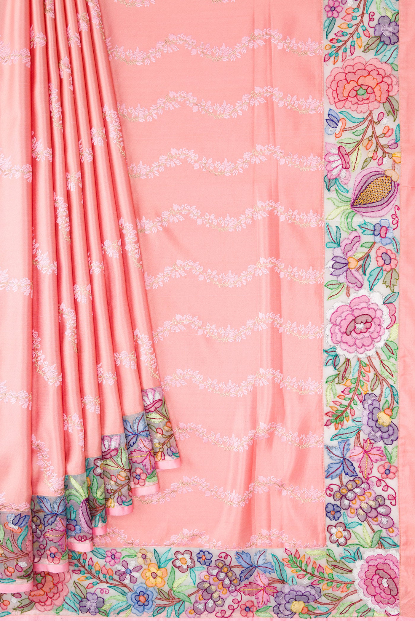 Pleats and pallu of Pure Silk Pure Zari Pink Dual Tone Banarasi Saree with Embroidery on the body and Embroidery Border. 