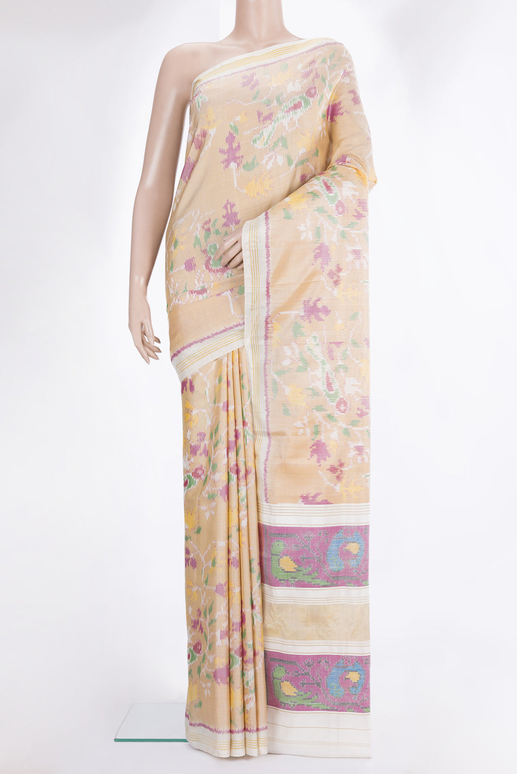 Pure Silk Sandal Double Ikat Saree with Pure Ikat on the body and Plain Border.  displayed on a mannequin