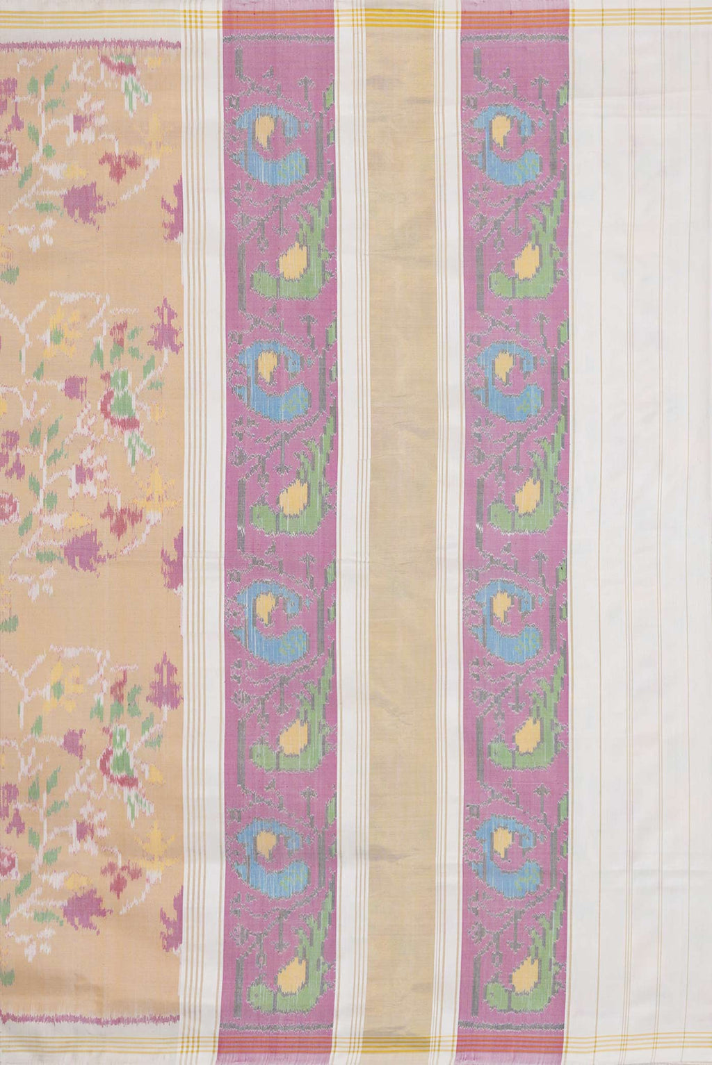 Close up image of the pallu of Pure Silk Sandal Double Ikat Saree with Pure Ikat on the body and Plain Border. 