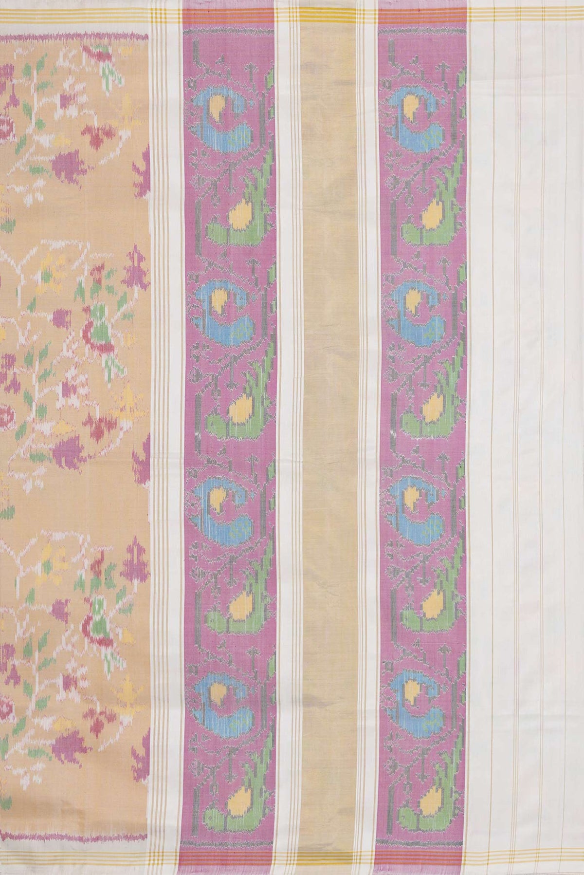 Close up image of the pallu of Pure Silk Sandal Double Ikat Saree with Pure Ikat on the body and Plain Border. 