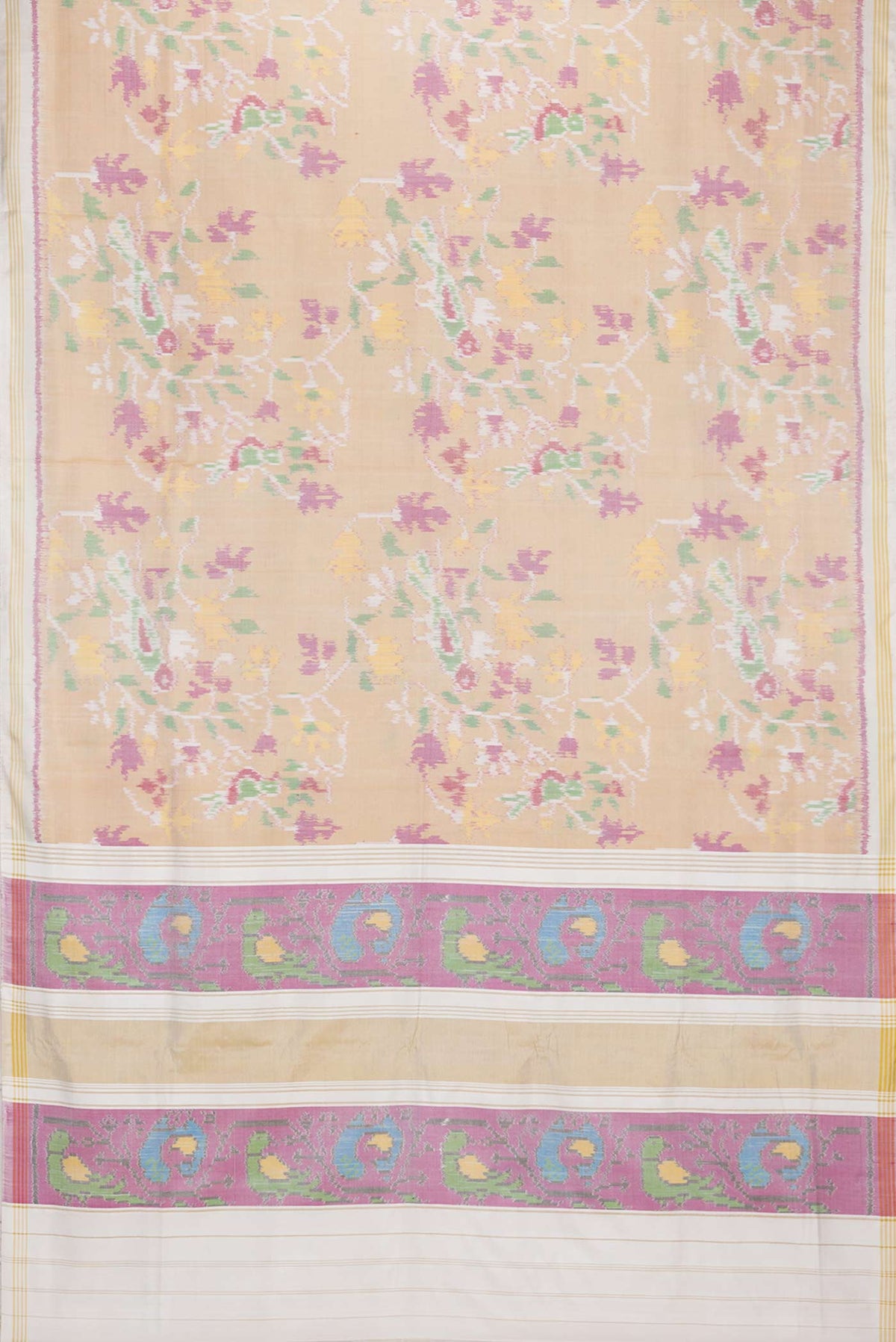 Flat view of Pure Silk Sandal Double Ikat Saree with Pure Ikat on the body and Plain Border. 