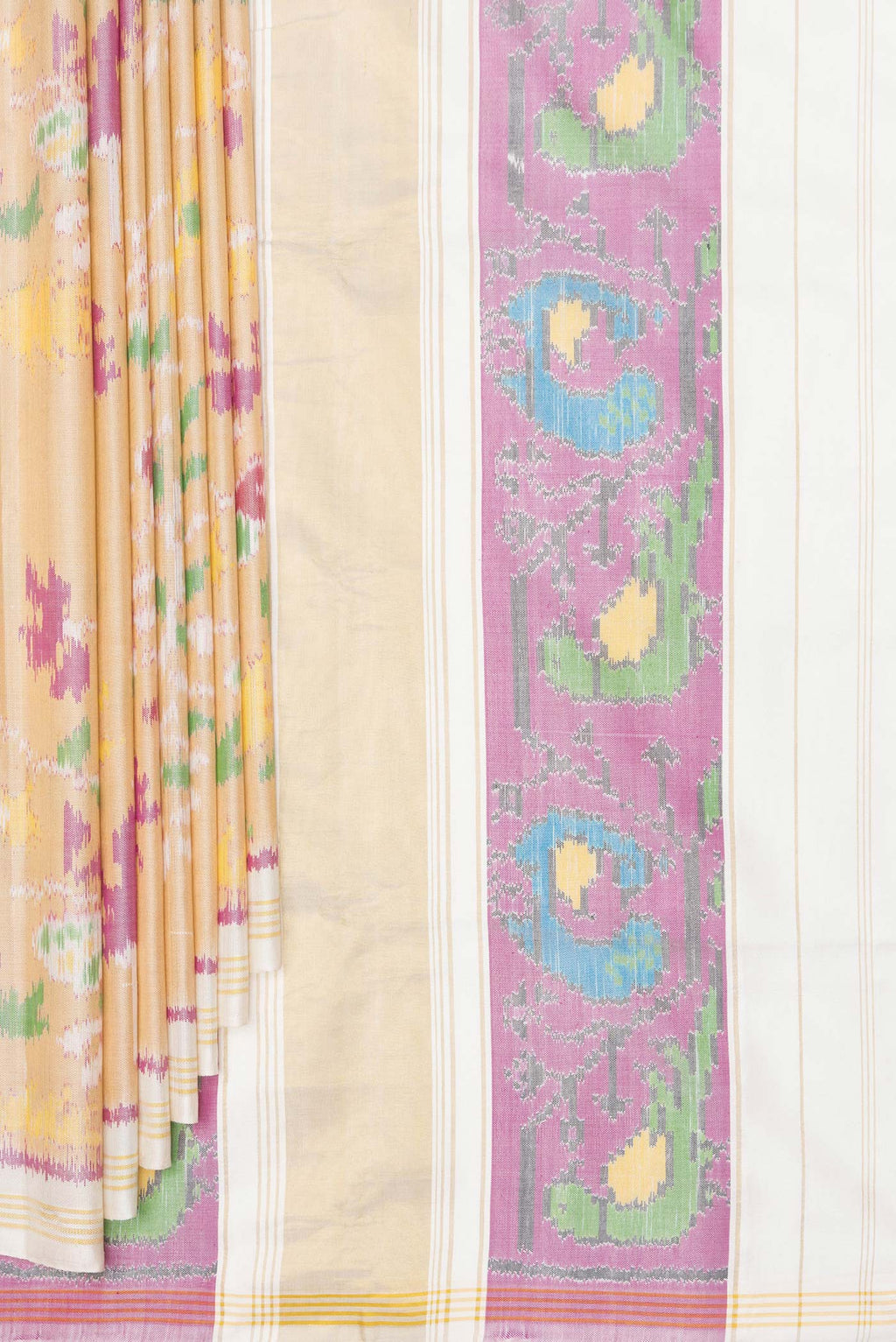 Pleats and pallu of Pure Silk Sandal Double Ikat Saree with Pure Ikat on the body and Plain Border. 