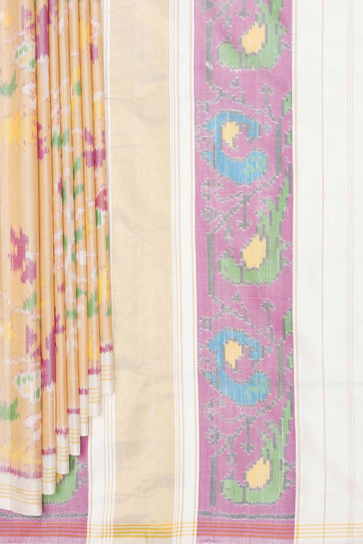 Pleats and pallu of Pure Silk Sandal Double Ikat Saree with Pure Ikat on the body and Plain Border. 