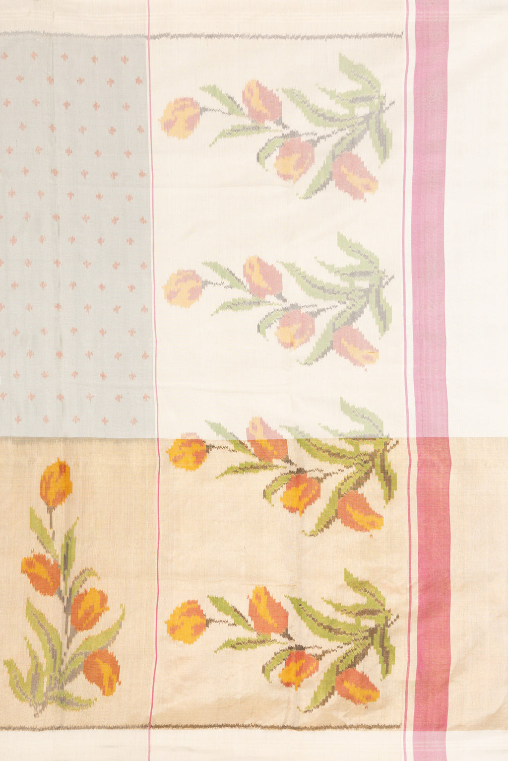Close up image of the pallu of Grey Dual Tone Kanjivaram Silk Saree with Ikat Print on the body and Ikat Border. 