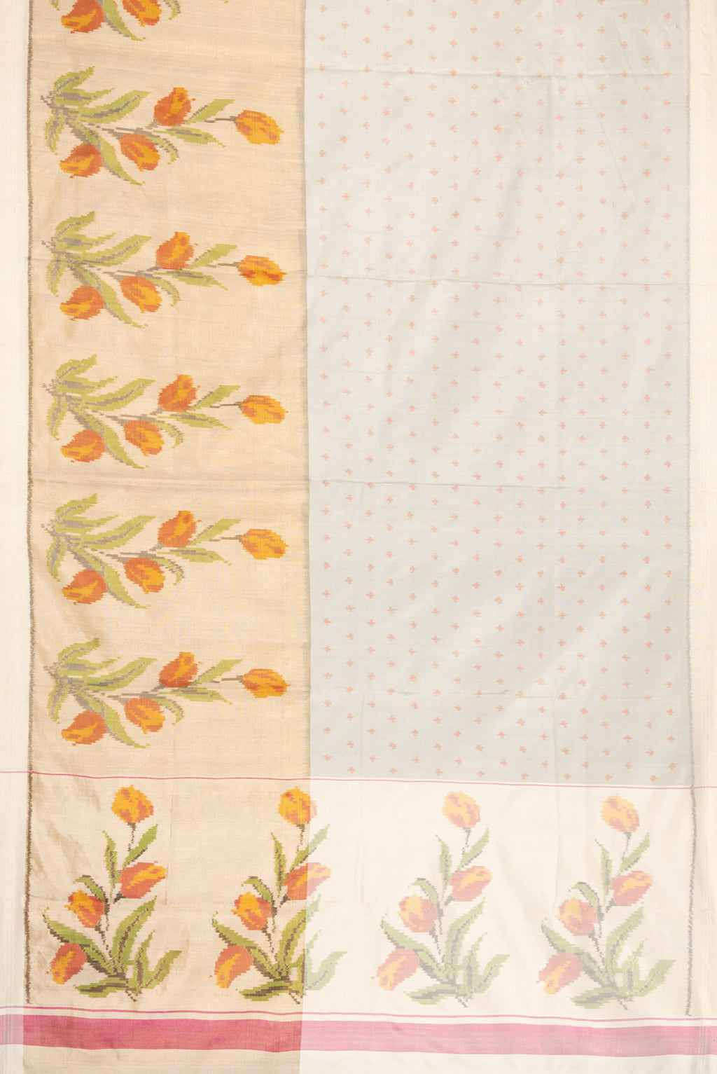 Flat view of Grey Dual Tone Kanjivaram Silk Saree with Ikat Print on the body and Ikat Border. 