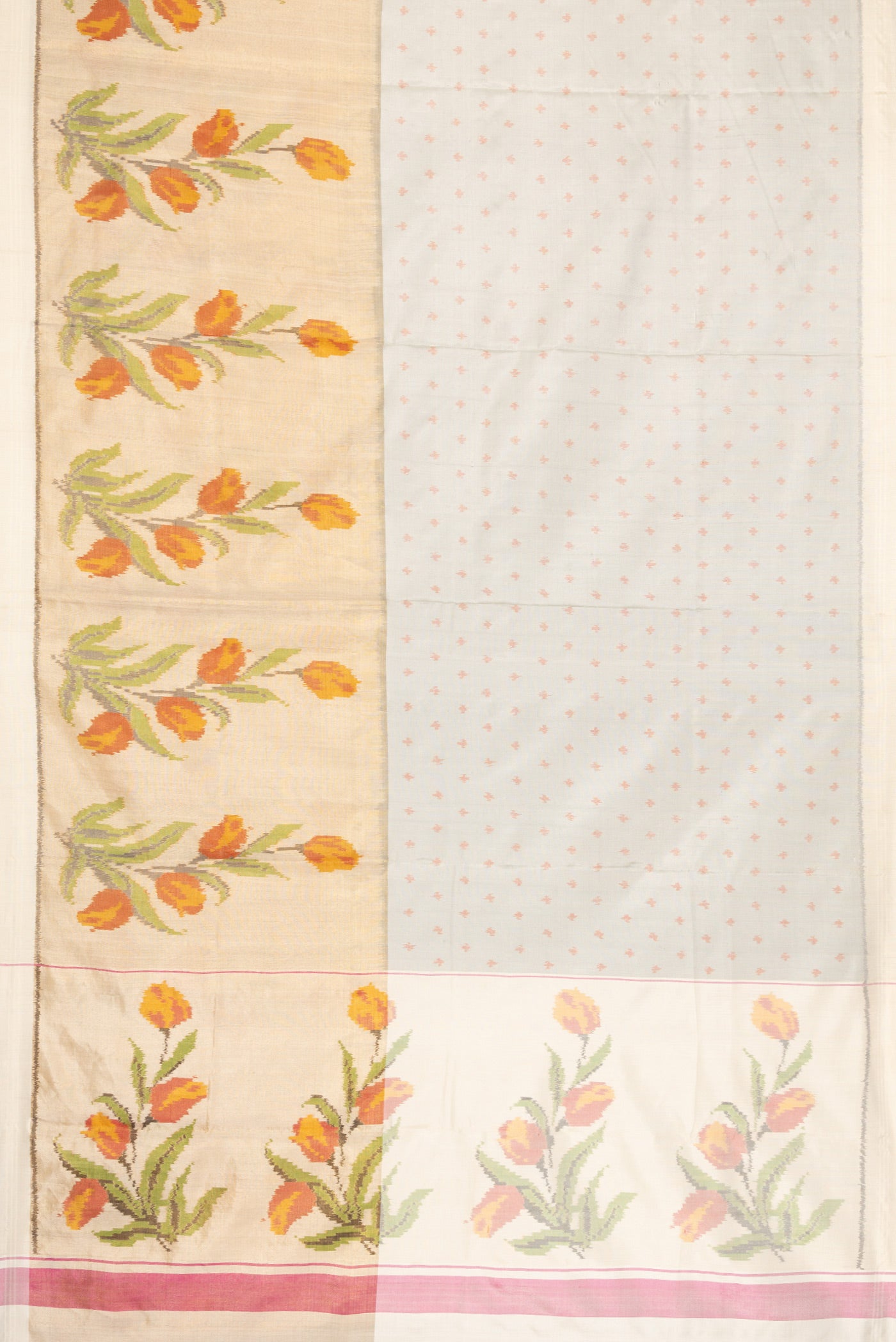 Flat view of Grey Dual Tone Kanjivaram Silk Saree with Ikat Print on the body and Ikat Border. 