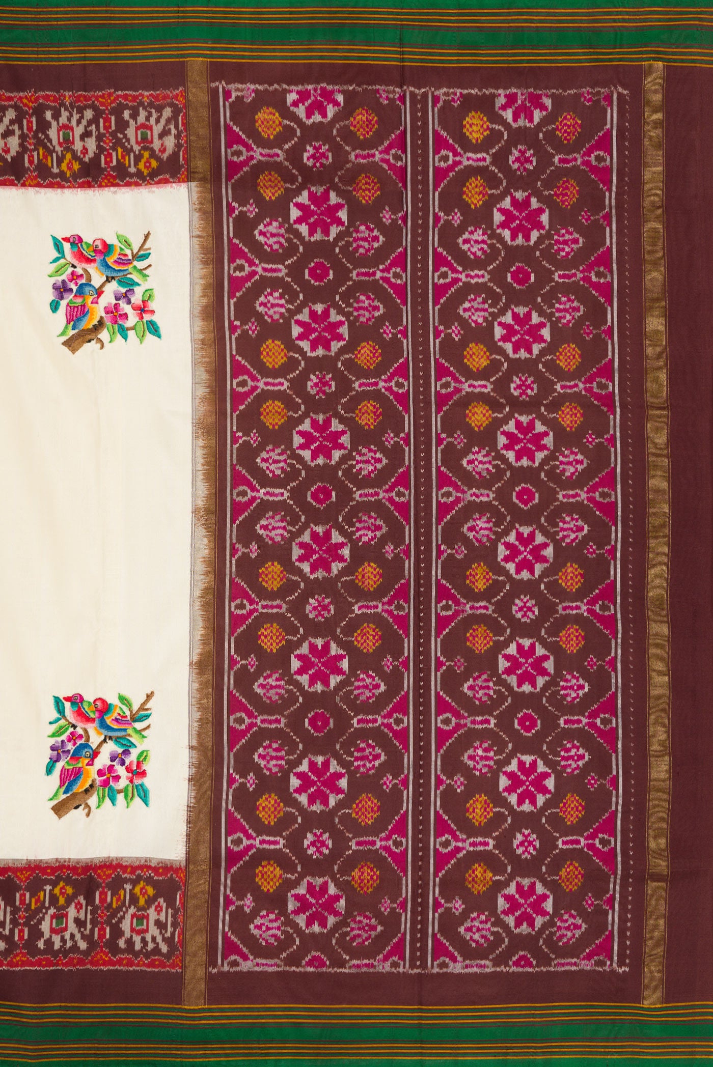 Close up image of the pallu of Off White Dual Tone Double Ikat Saree with Embroidery on the body and Ikat Border. 