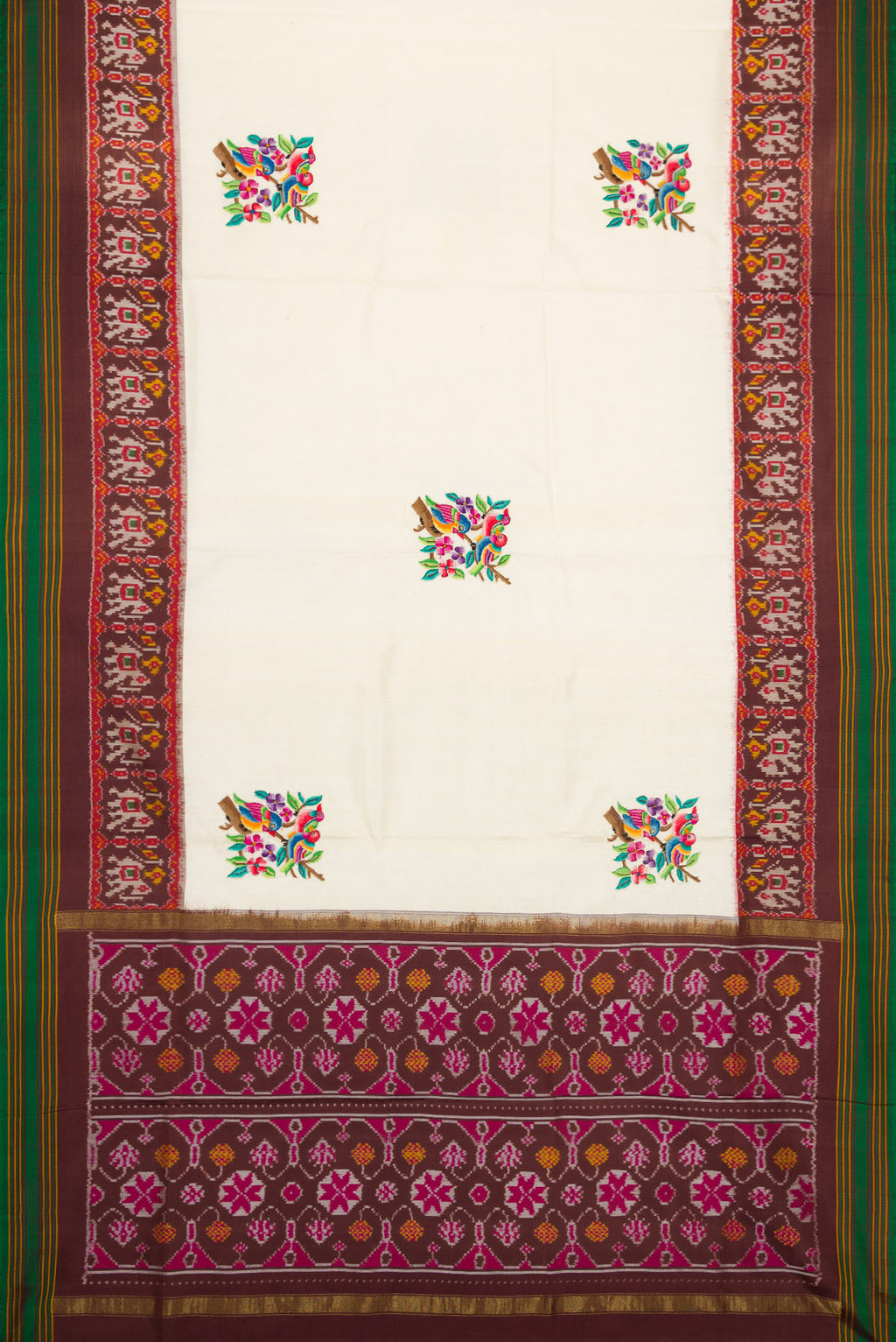 Flat view of Off White Dual Tone Double Ikat Saree with Embroidery on the body and Ikat Border. 