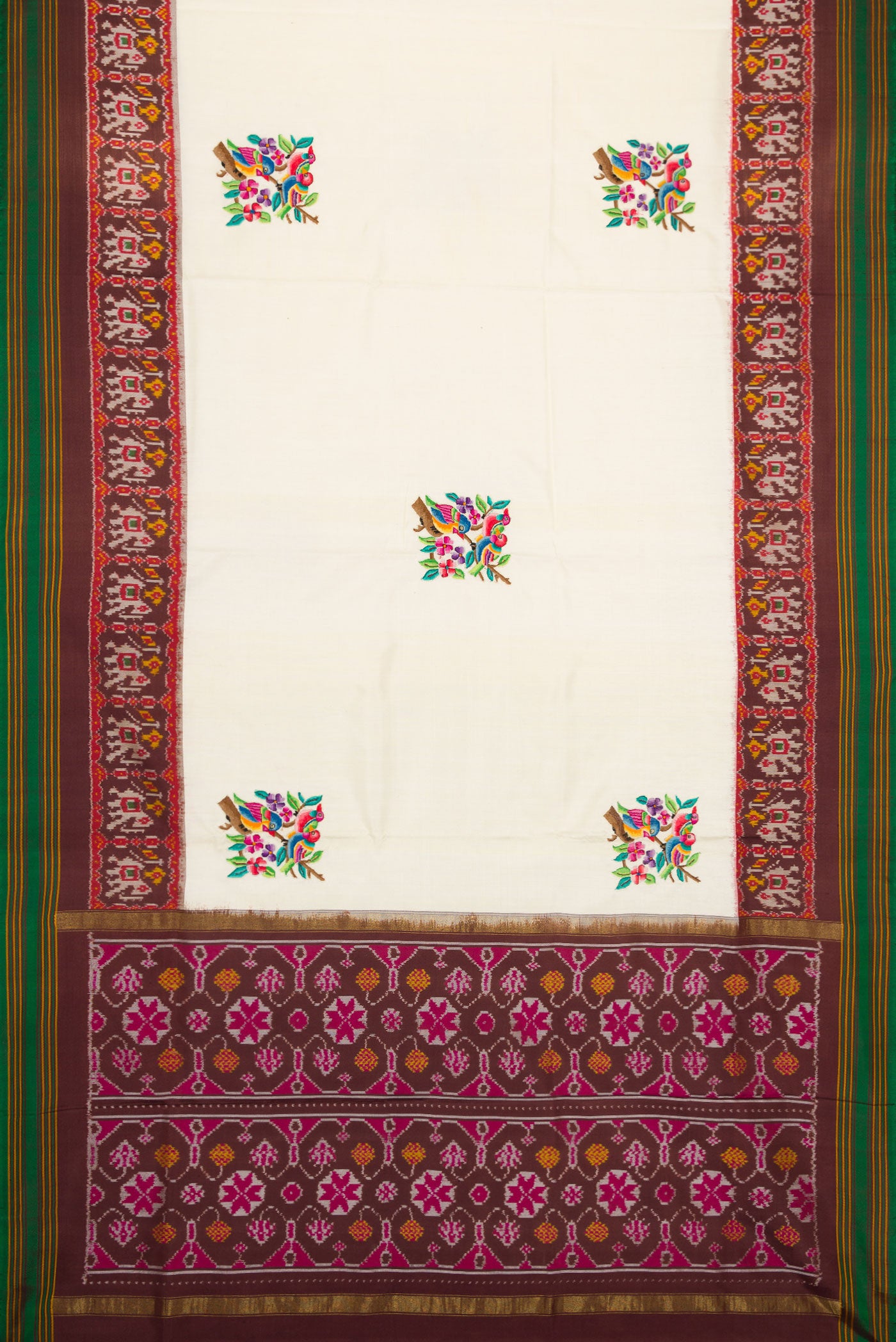 Flat view of Off White Dual Tone Double Ikat Saree with Embroidery on the body and Ikat Border. 
