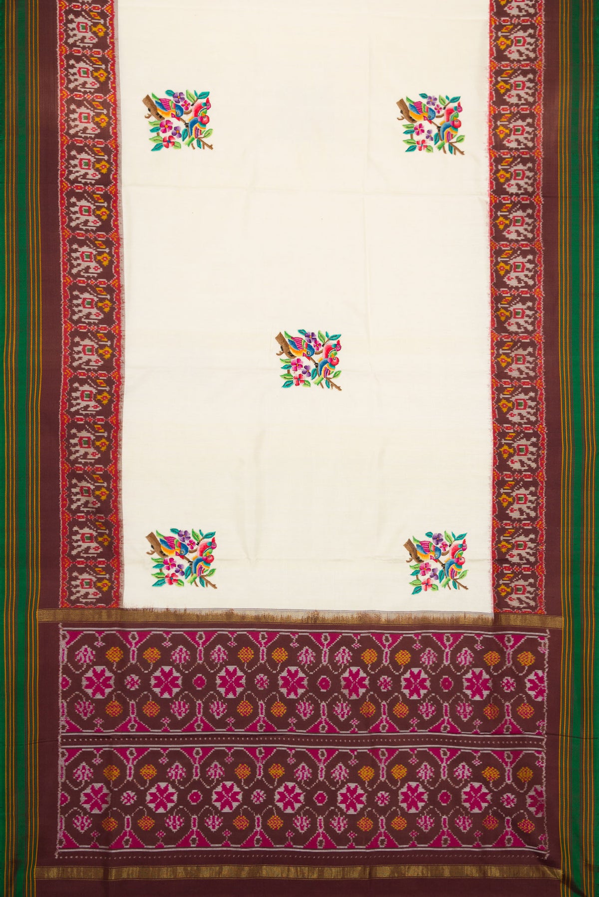 Flat view of Off White Dual Tone Double Ikat Saree with Embroidery on the body and Ikat Border. 