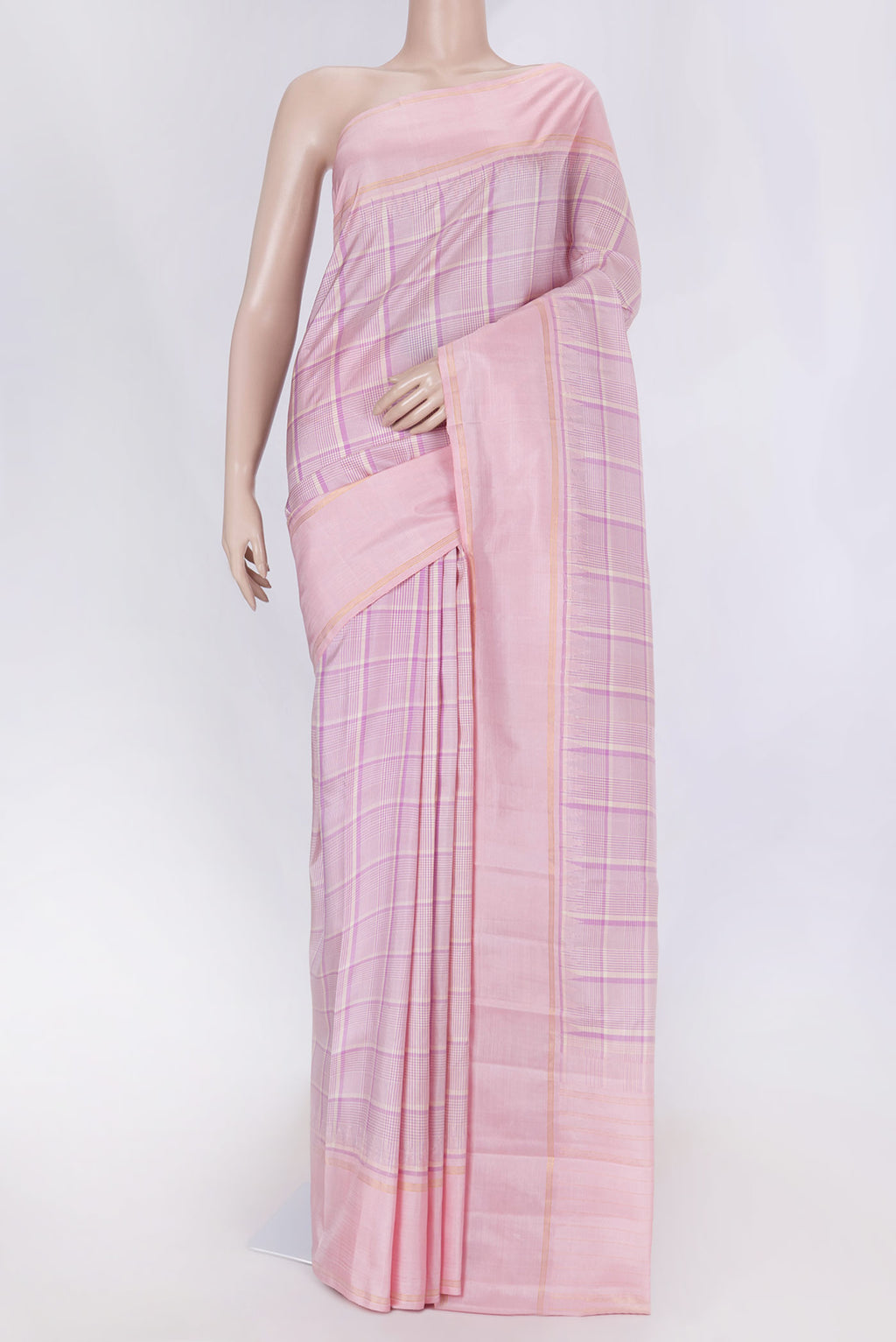 Pink Dual Tone Kanchipuram Silk Saree with Checked design on the body and Zari Border displayed on a mannequin