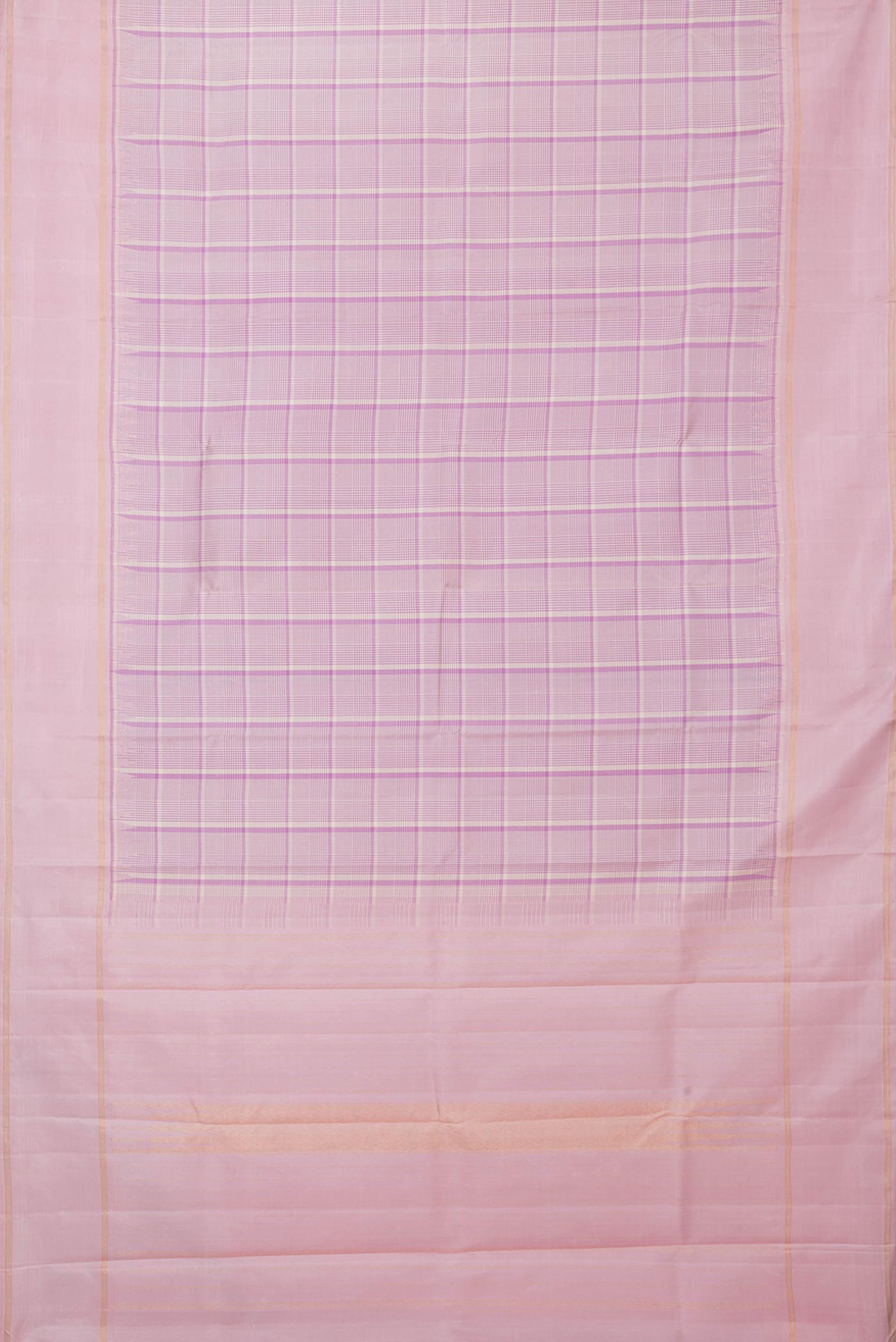 Flat view of Pink Dual Tone Kanchipuram Silk Saree with Checked design on the body and Zari Border