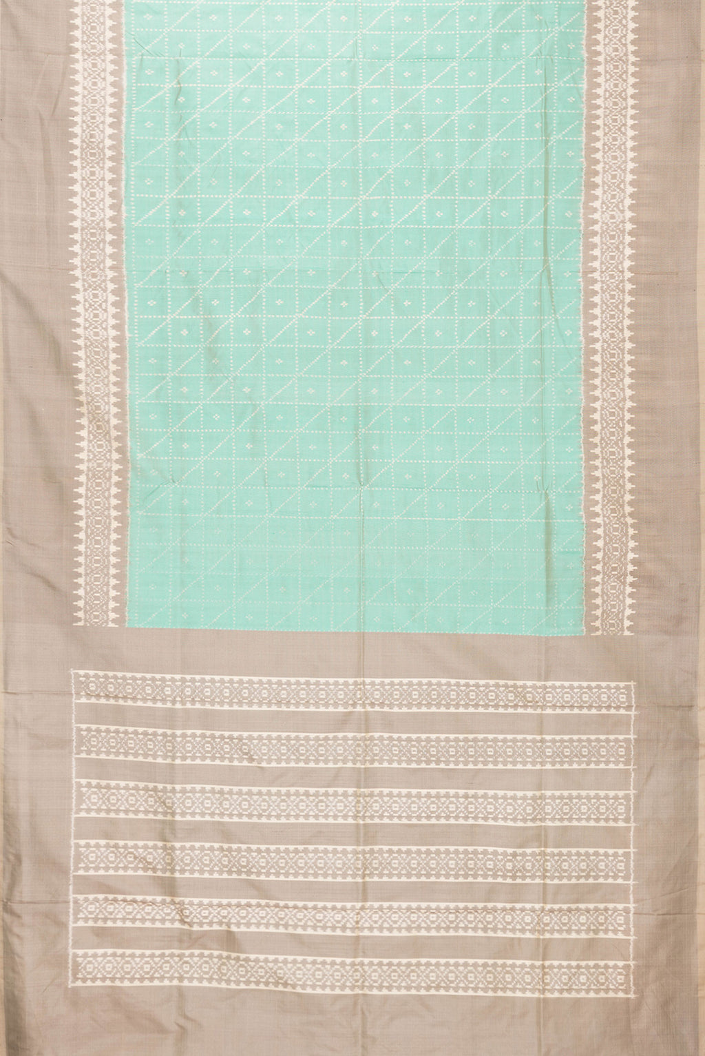 Flat view of Sea Green Dual Tone Double Ikat Saree with Ikat Print on the body and Ikat Border. 