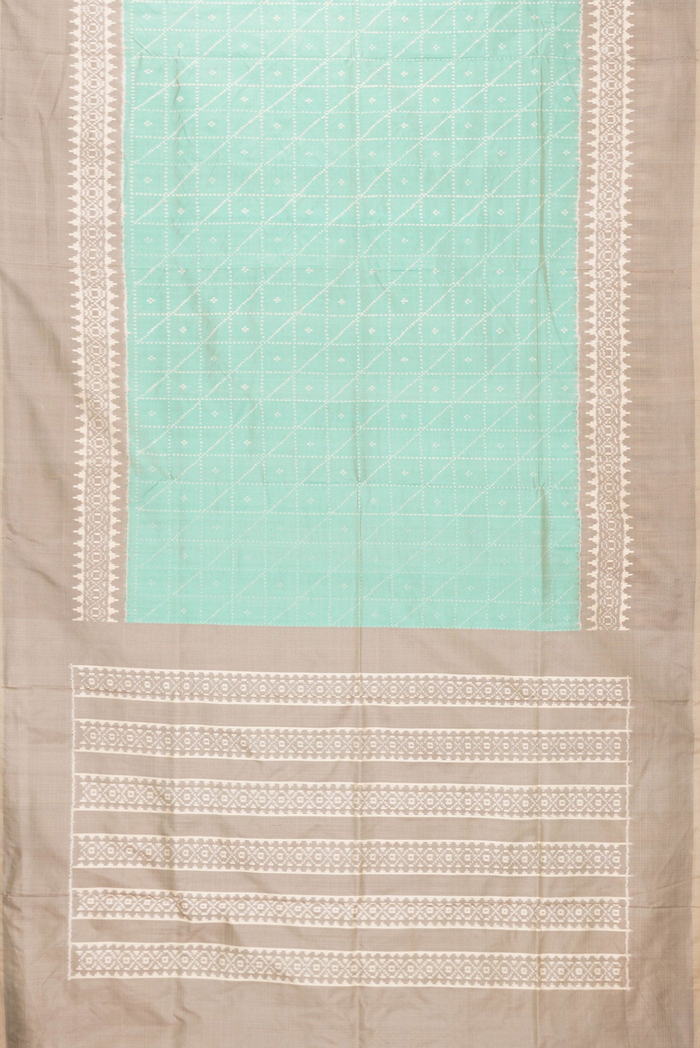 Flat view of Sea Green Dual Tone Double Ikat Saree with Ikat Print on the body and Ikat Border. 
