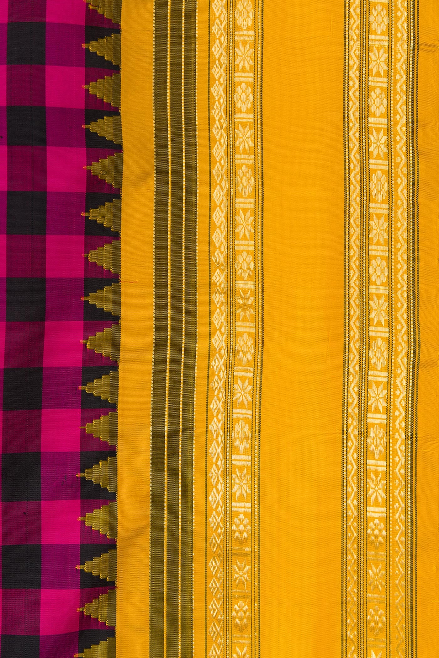 Border image of Black and Pink Color Gadwal Silk Saree with Checked design on the body and Temple Border. 