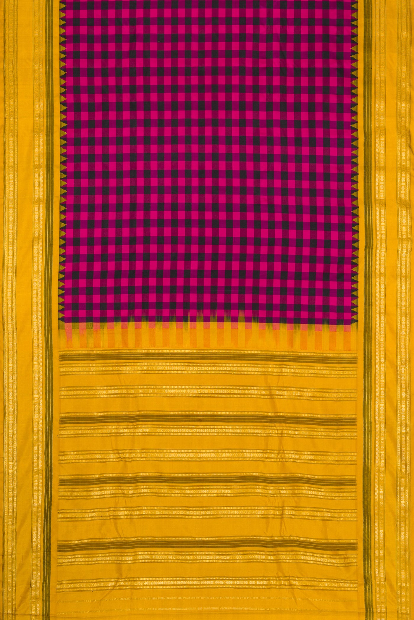 Flat view of Black and Pink Color Gadwal Silk Saree with Checked design on the body and Temple Border. 