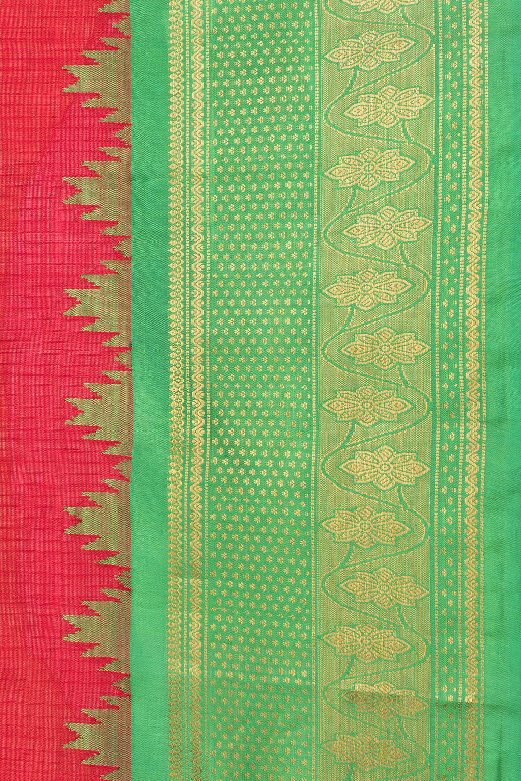 Border image of Red Dual Tone Gadwal Silk Saree with Checked design on the body and Zari Border. 
