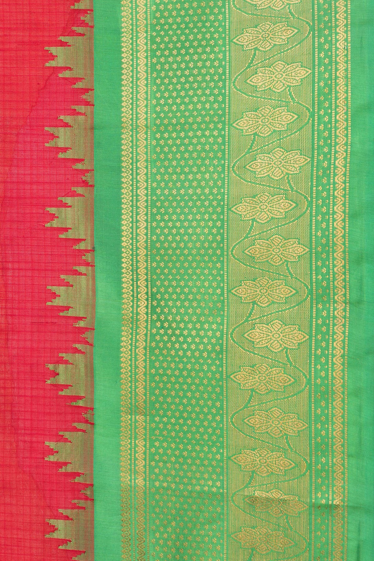 Border image of Red Dual Tone Gadwal Silk Saree with Checked design on the body and Zari Border. 