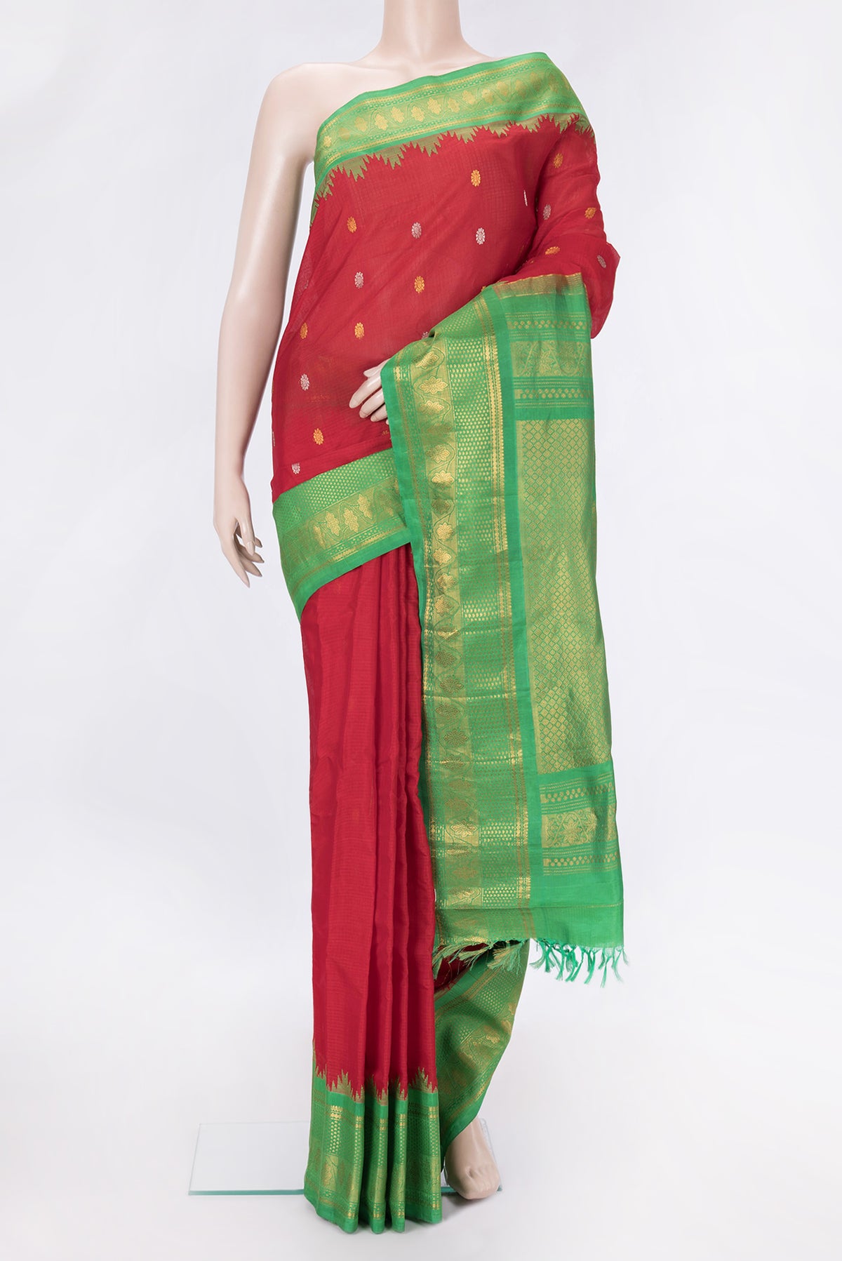 Red Dual Tone Gadwal Silk Saree with Checked design on the body and Zari Border.  displayed on a mannequin