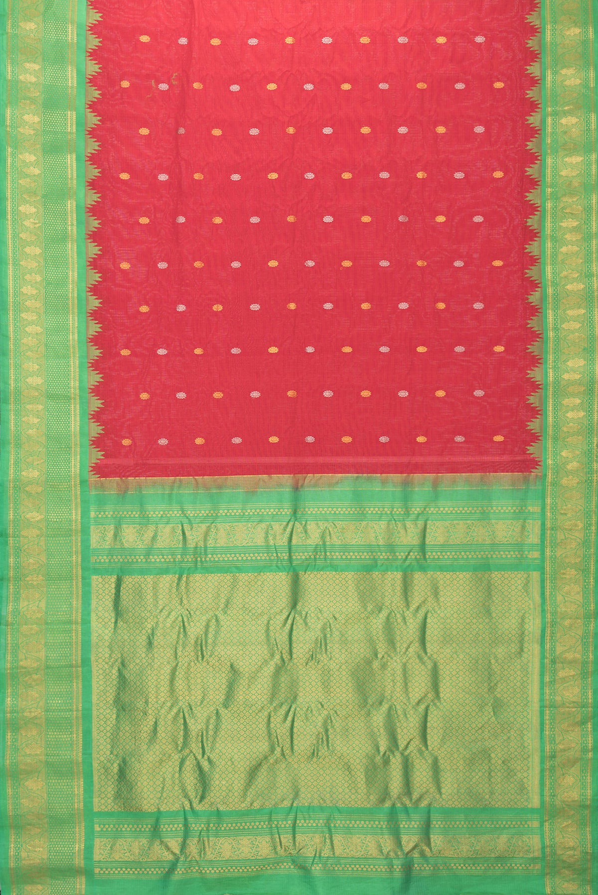 Flat view of Red Dual Tone Gadwal Silk Saree with Checked design on the body and Zari Border. 