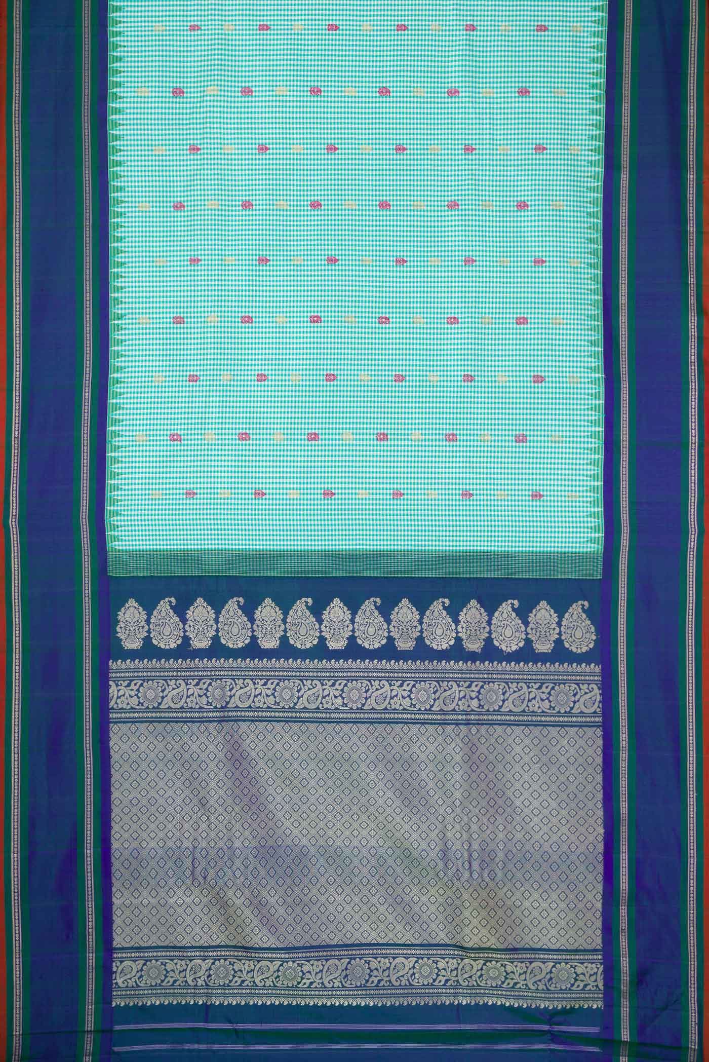 Flat view of Light Blue Gadwal Silk Saree with Checked design on the body and Zari Border