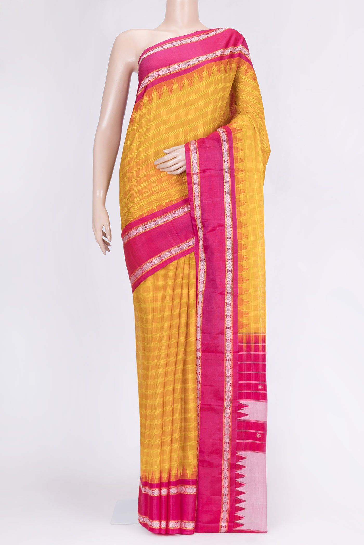 Yellow Dual Tone Gadwal Silk Saree with Checked design on the body and Zari Border.  displayed on a mannequin