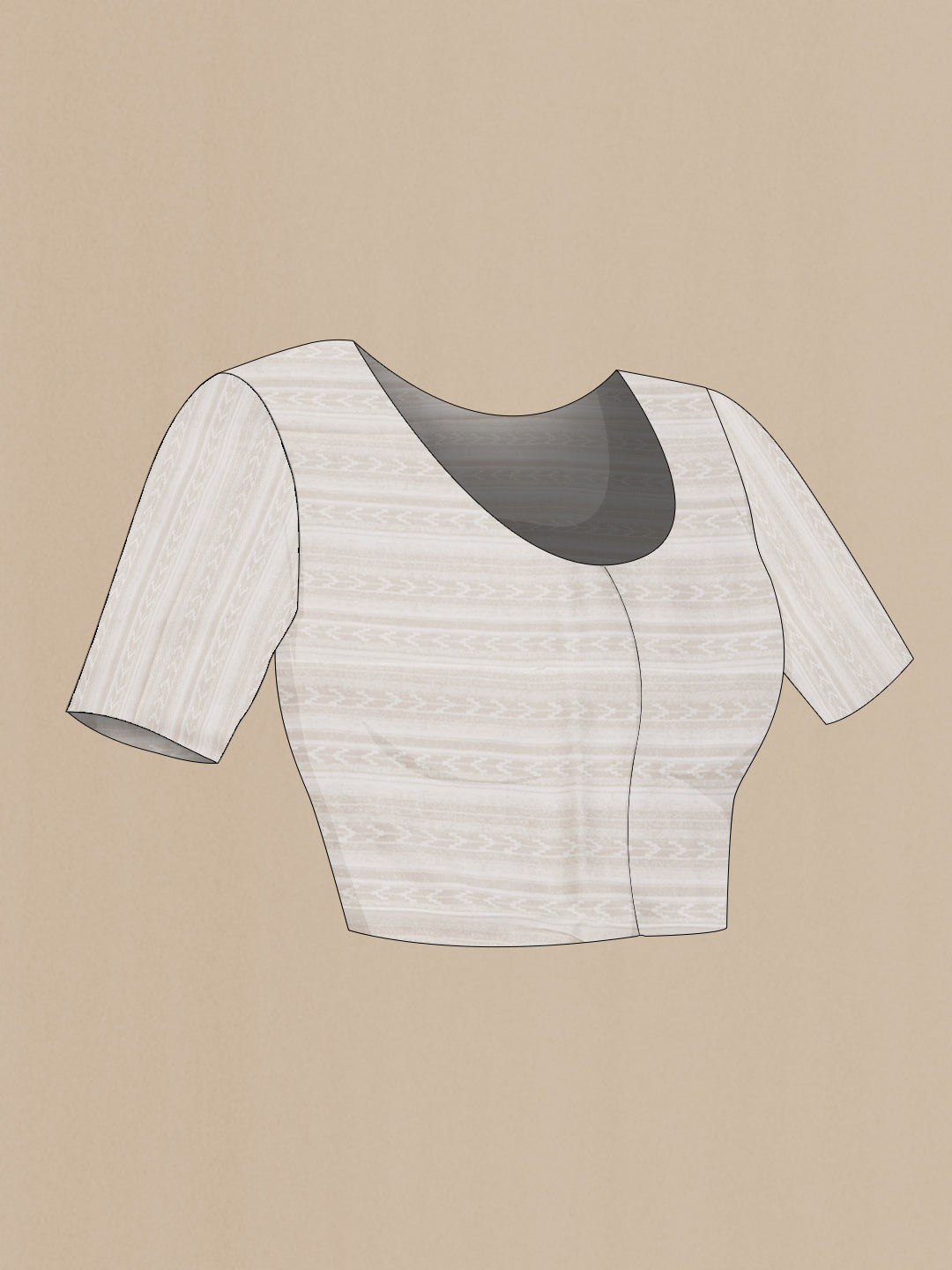 Close up image of the blouse of Off White Dual Tone Organza Silk Saree with Zari Butta on the body and Printed Border. 