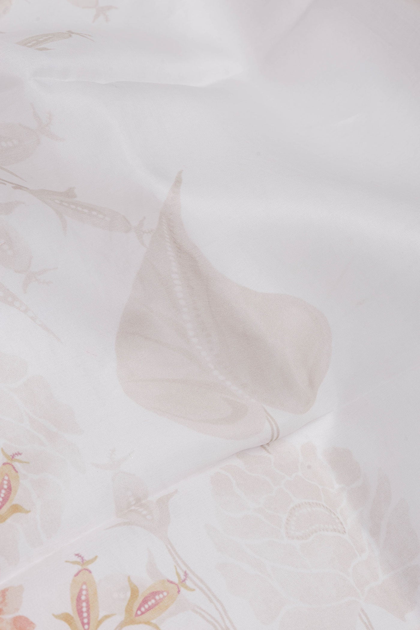 Close up of Off White Dual Tone Organza Silk Saree with Zari Butta on the body and Printed Border.  displaying folds