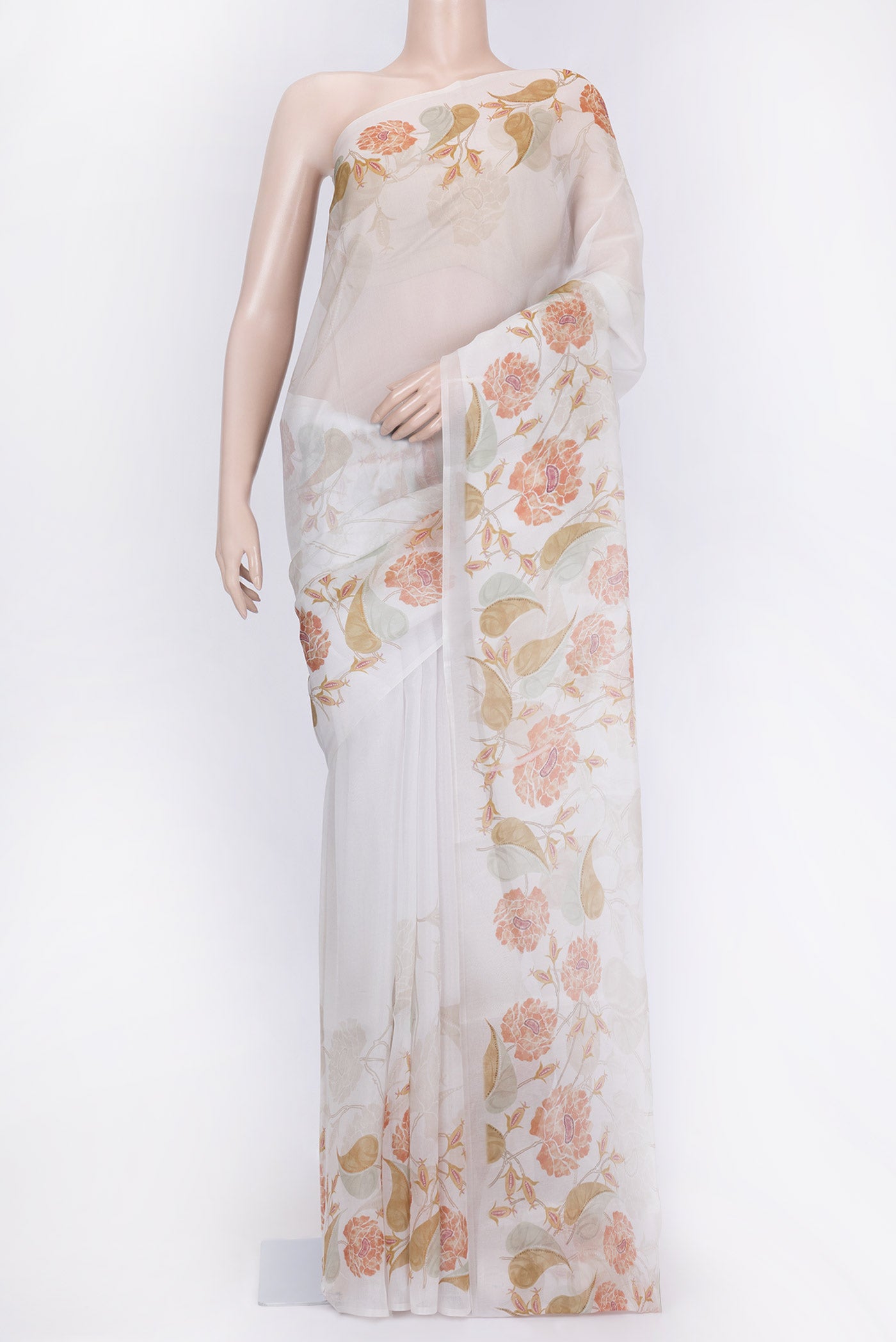 Off White Dual Tone Organza Silk Saree with Zari Butta on the body and Printed Border.  displayed on a mannequin