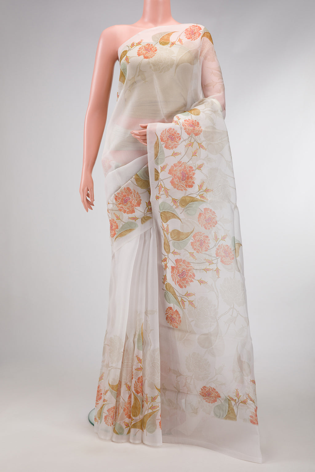 Off White Dual Tone Organza Silk Saree with Printed design on the body and Zari Border.  displayed on a mannequin