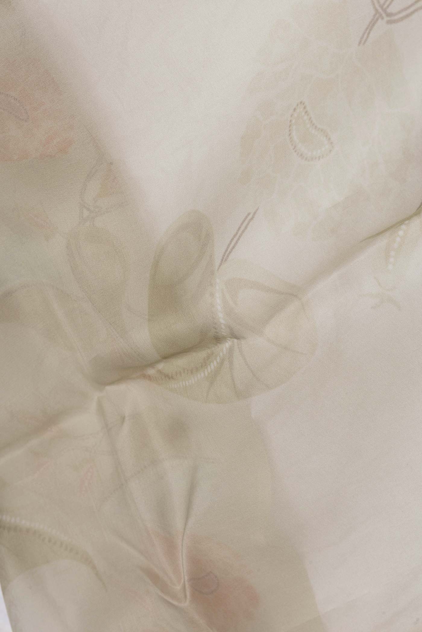 Close up of Beige Dual Tone Organza Silk Saree with Zari Butta on the body and Printed Border.  displaying folds