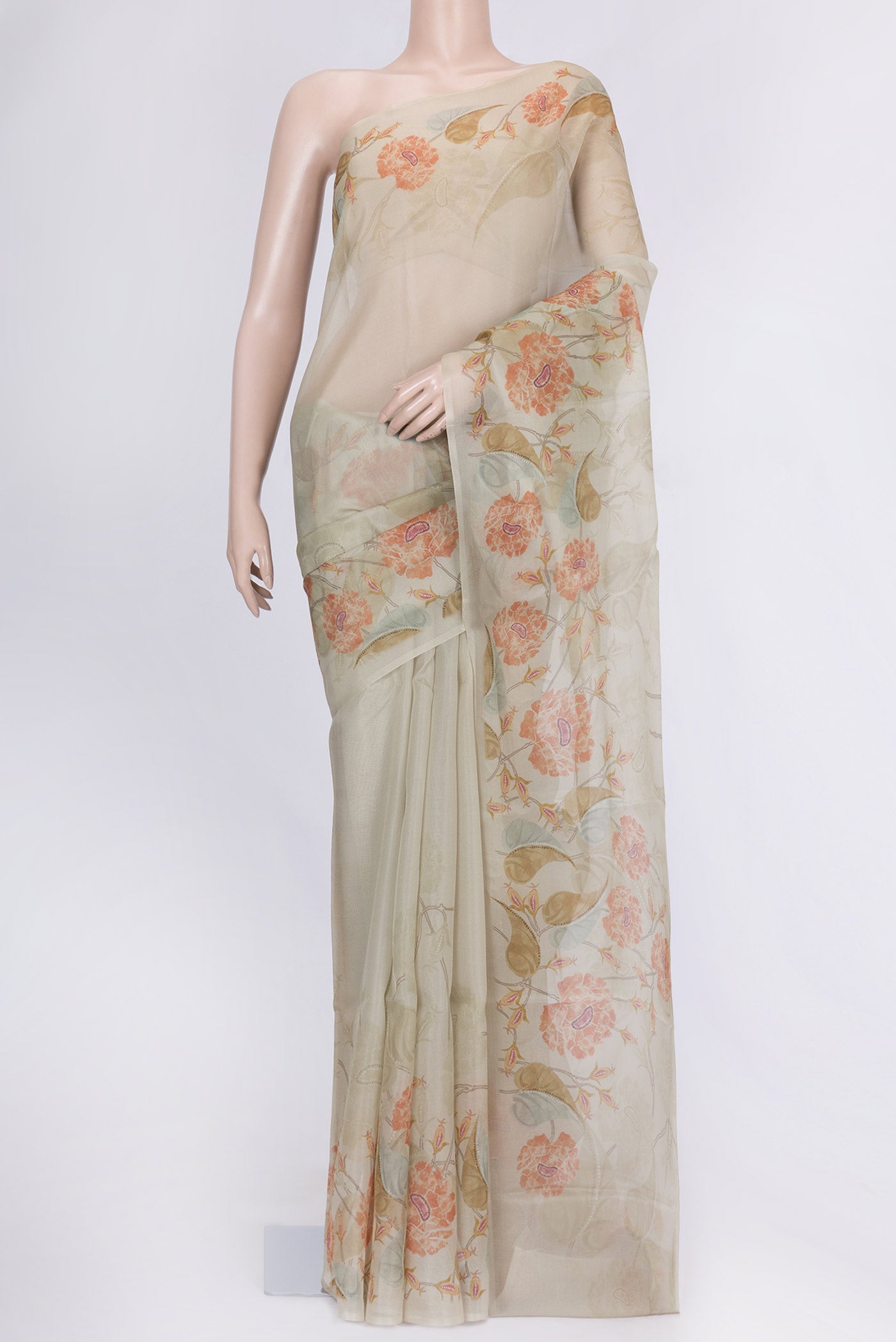 Beige Dual Tone Organza Silk Saree with Zari Butta on the body and Printed Border.  displayed on a mannequin